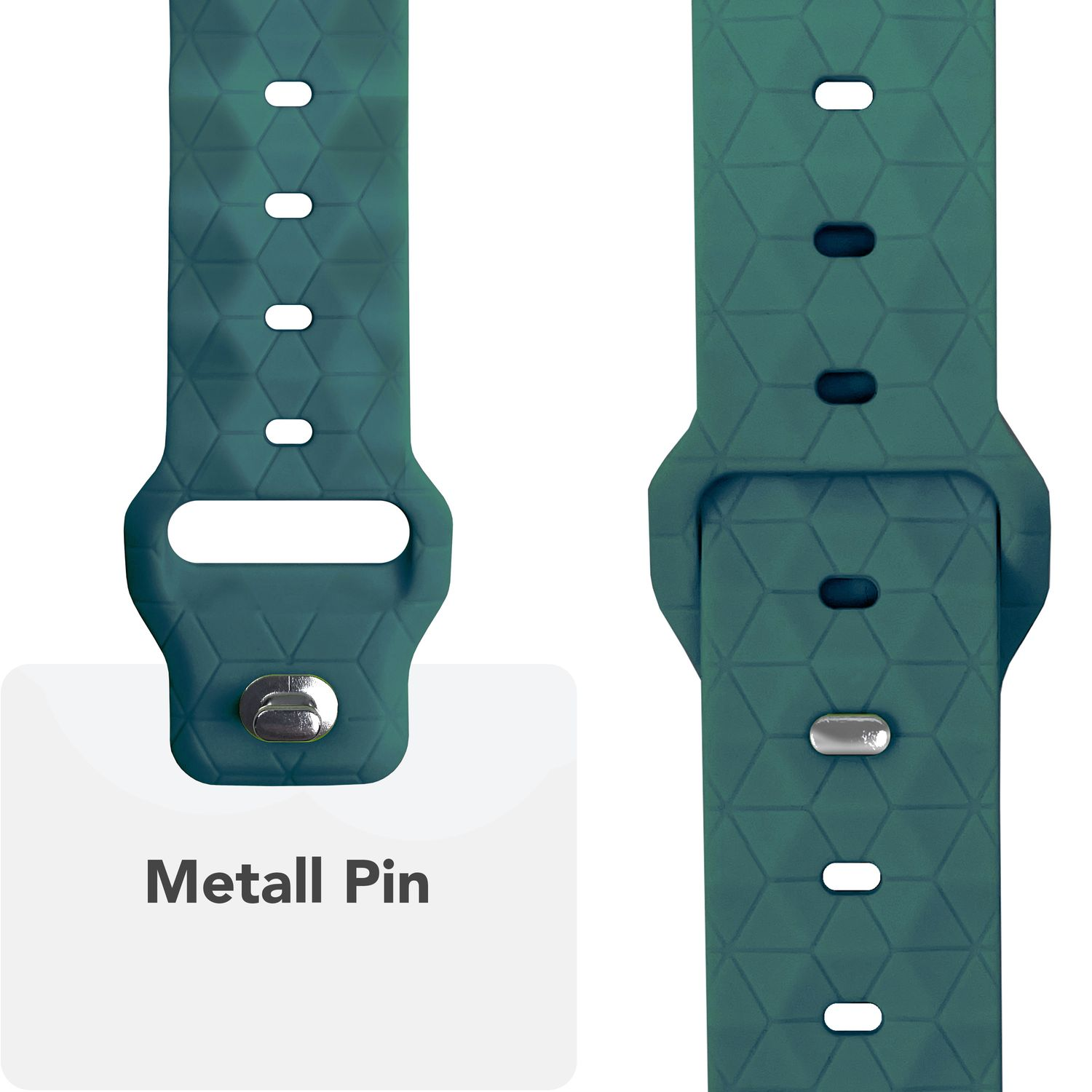 Ein türkisfarbenes Uhrenarmband mit einem Metallstift. Text: 'Metallstift'.