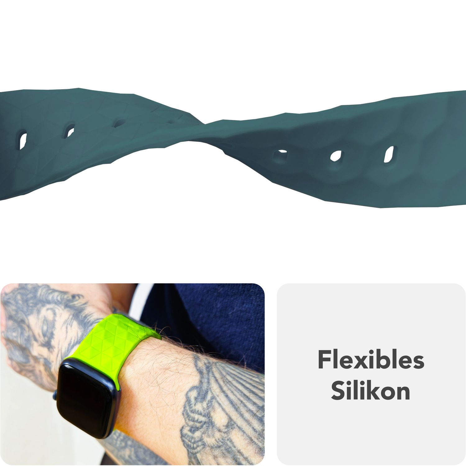 Zwei Uhrenarmbänder, eines grün am Handgelenk, das andere schwarz mit Metallstift, zeigt flexibles Silikon an.