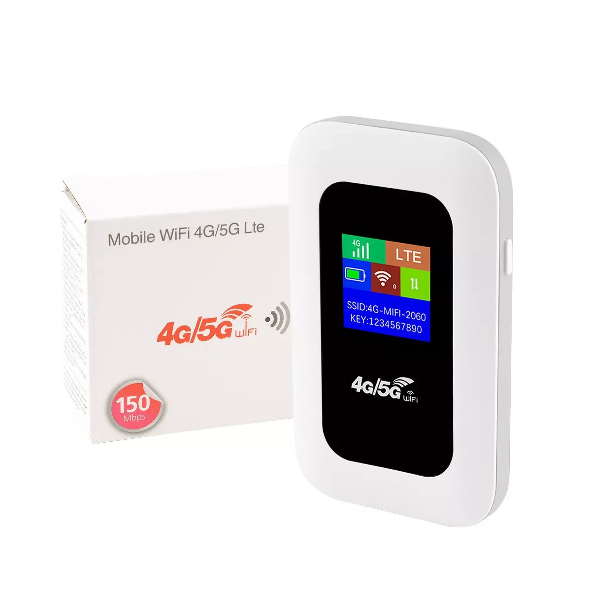 Ein weißer 4G/5G-WLAN-Router und eine weiße Box. Auf der Box steht Mobile WiFi 4G/5G Lte.