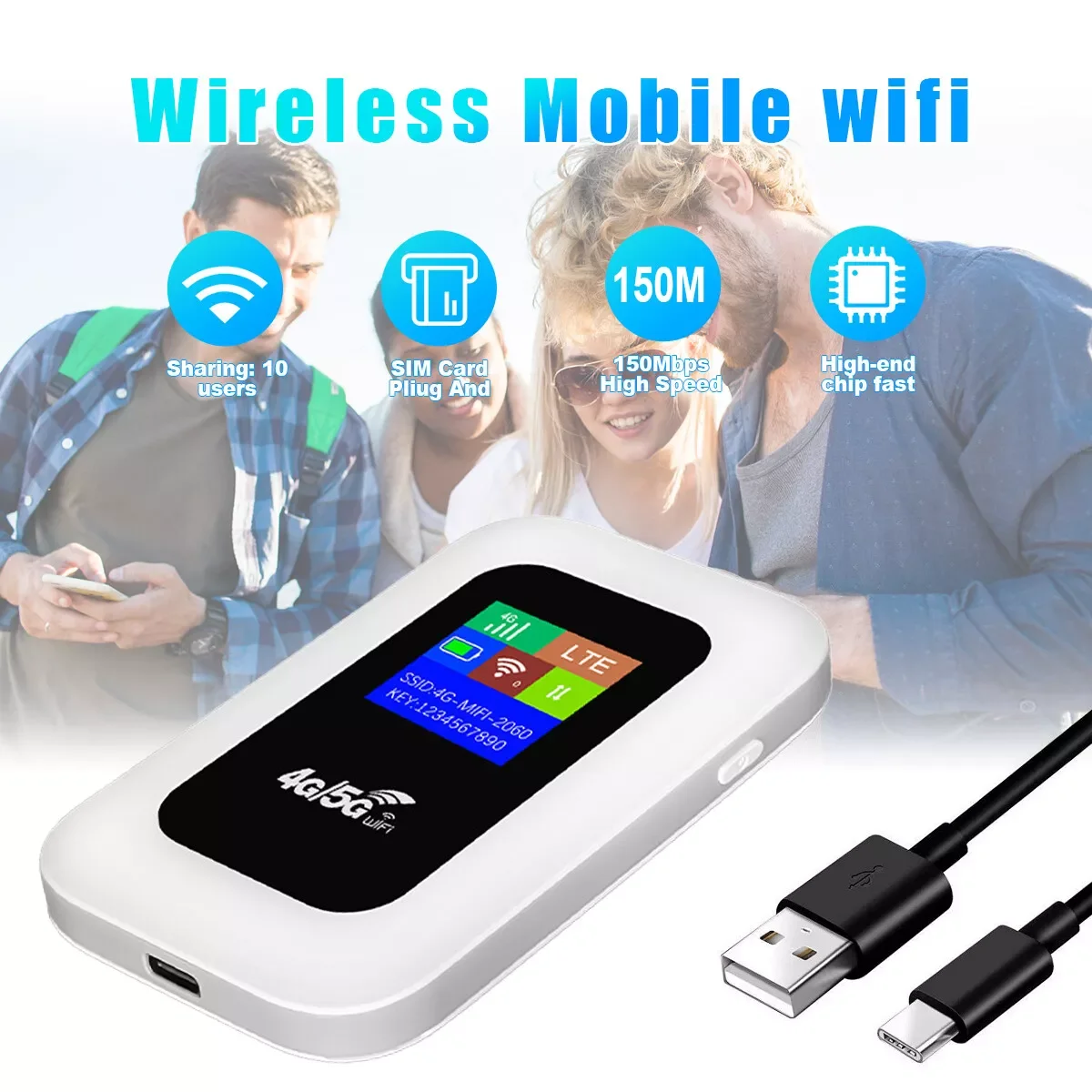 Kabelloses mobiles WLAN-Gerät mit Bildschirm, USB-Kabeln und Personen im Hintergrund.