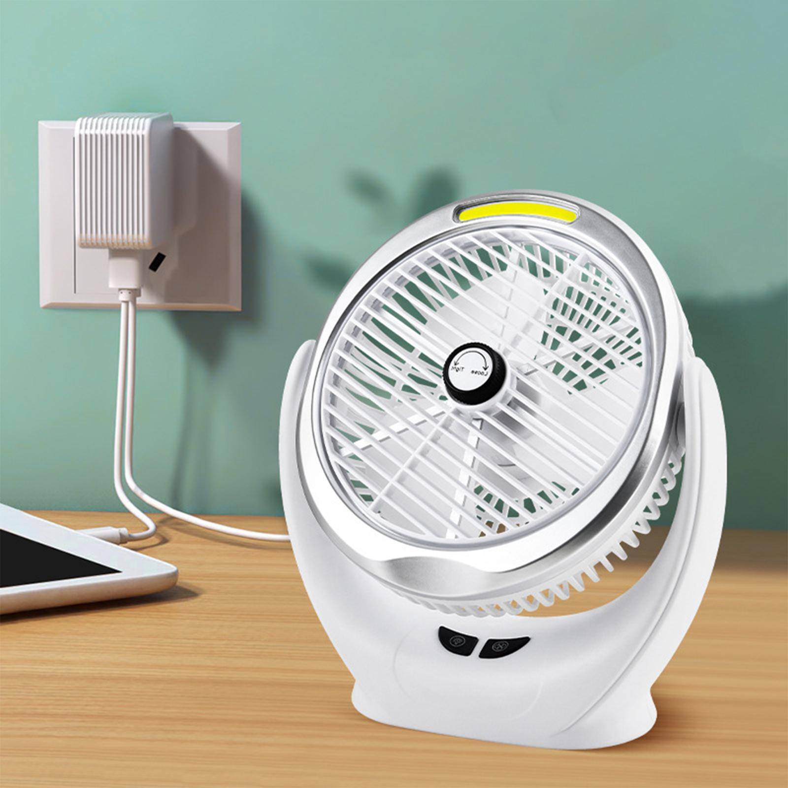 Ein weißer Ventilator mit grauem Rand auf einem Holztisch. Eine Steckdose befindet sich dahinter.
