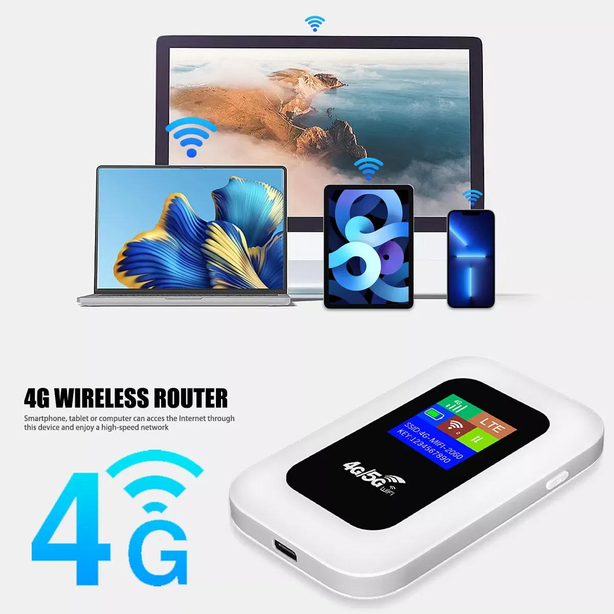 Ein weißer 4G/5G-WLAN-Router mit mehreren angeschlossenen Geräten, darunter ein Laptop, ein Tablet und ein Telefon.