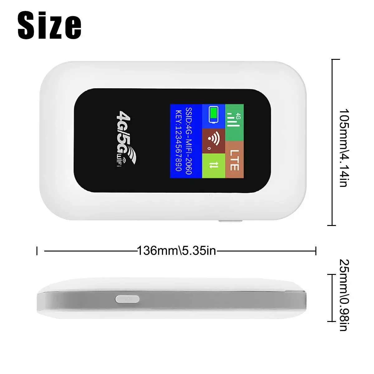 Weißer 4G/5G-WLAN-Router mit Bildschirm, der das Signal anzeigt, mit Maßangaben.