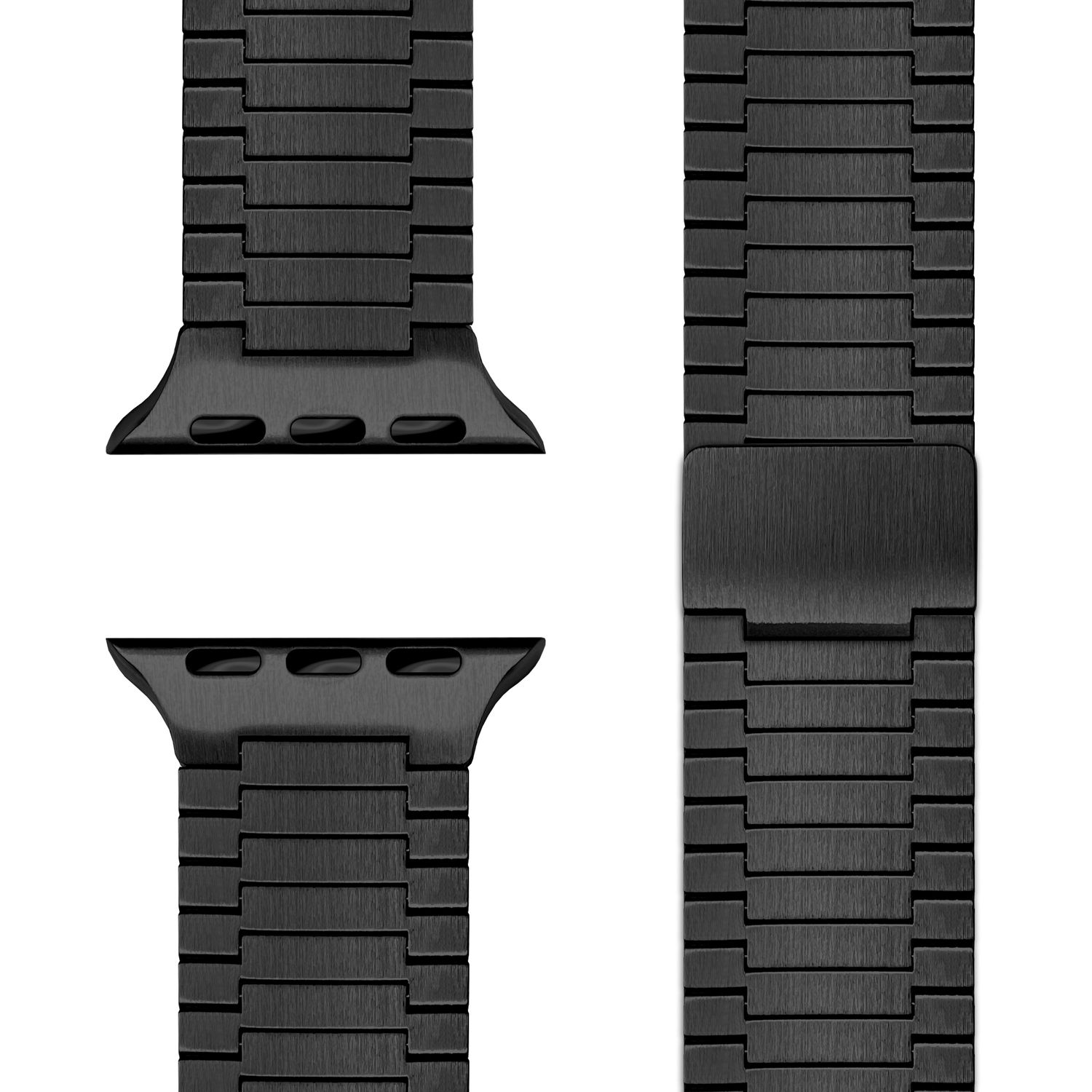 Schwarzes Uhrenarmband. Enthält zwei Enden und einen Verschluss, alles aus schwarzem Metall.