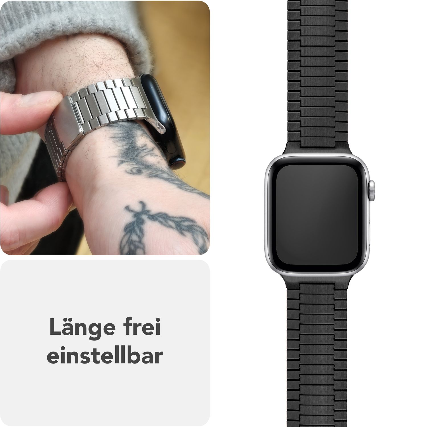 Eine Uhr mit Stahlband an einem Handgelenk. Tattoo sichtbar.
