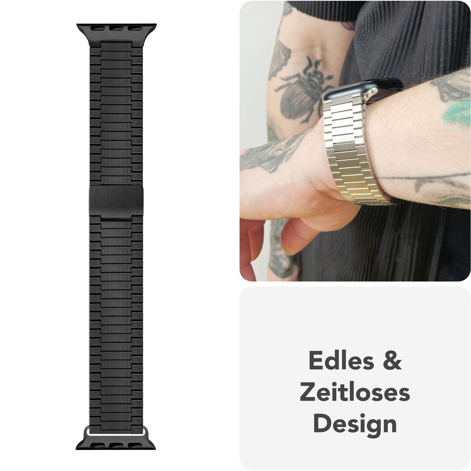 Schwarze Armbänder und ein Handgelenk mit Metallband. Text: Edles & Zeitloses Design.