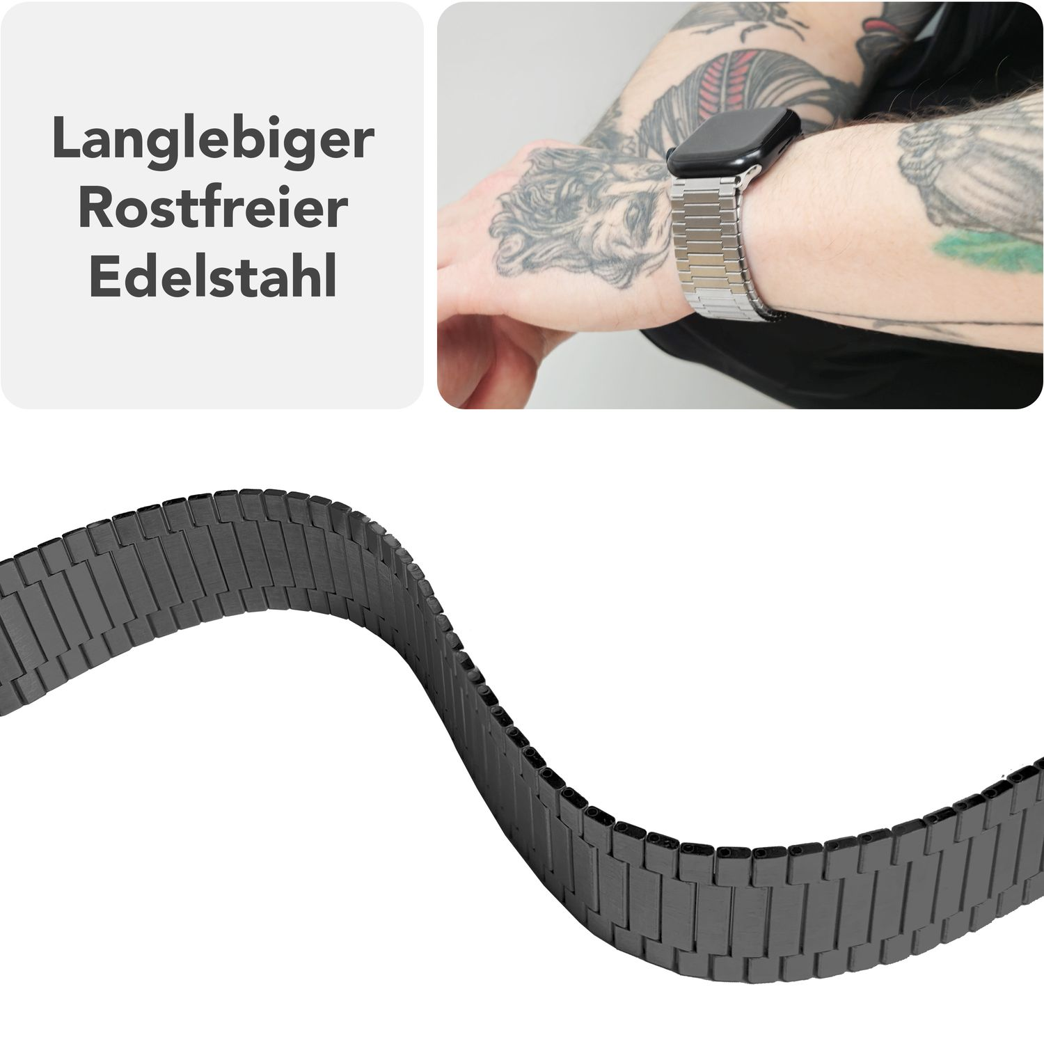 Handgelenk mit schwarzem Uhrenarmband. Tattoo ist sichtbar.