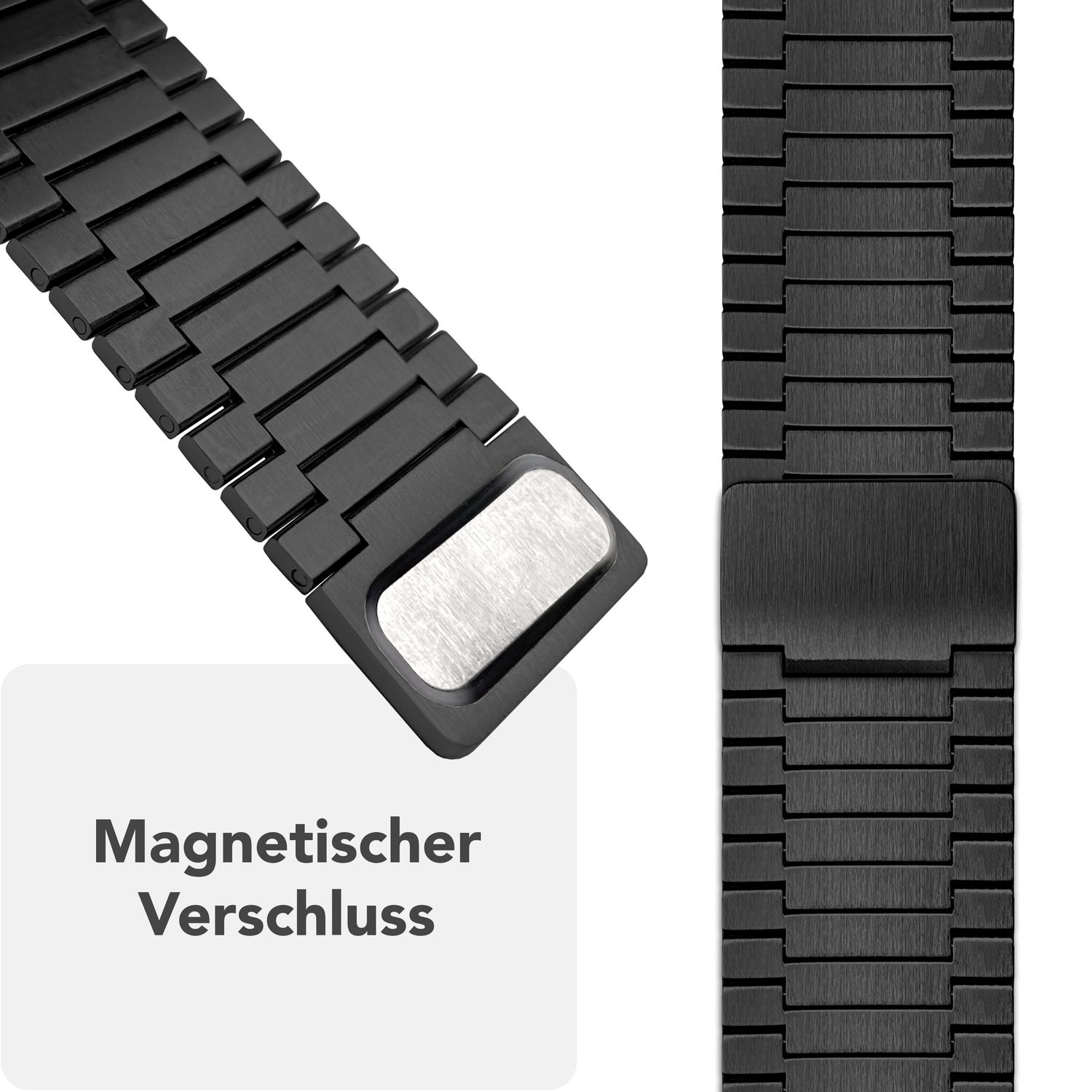 Nahaufnahme eines schwarzen Uhrenarmbands mit Magnetverschluss. Text: Magnetischer Verschluss.