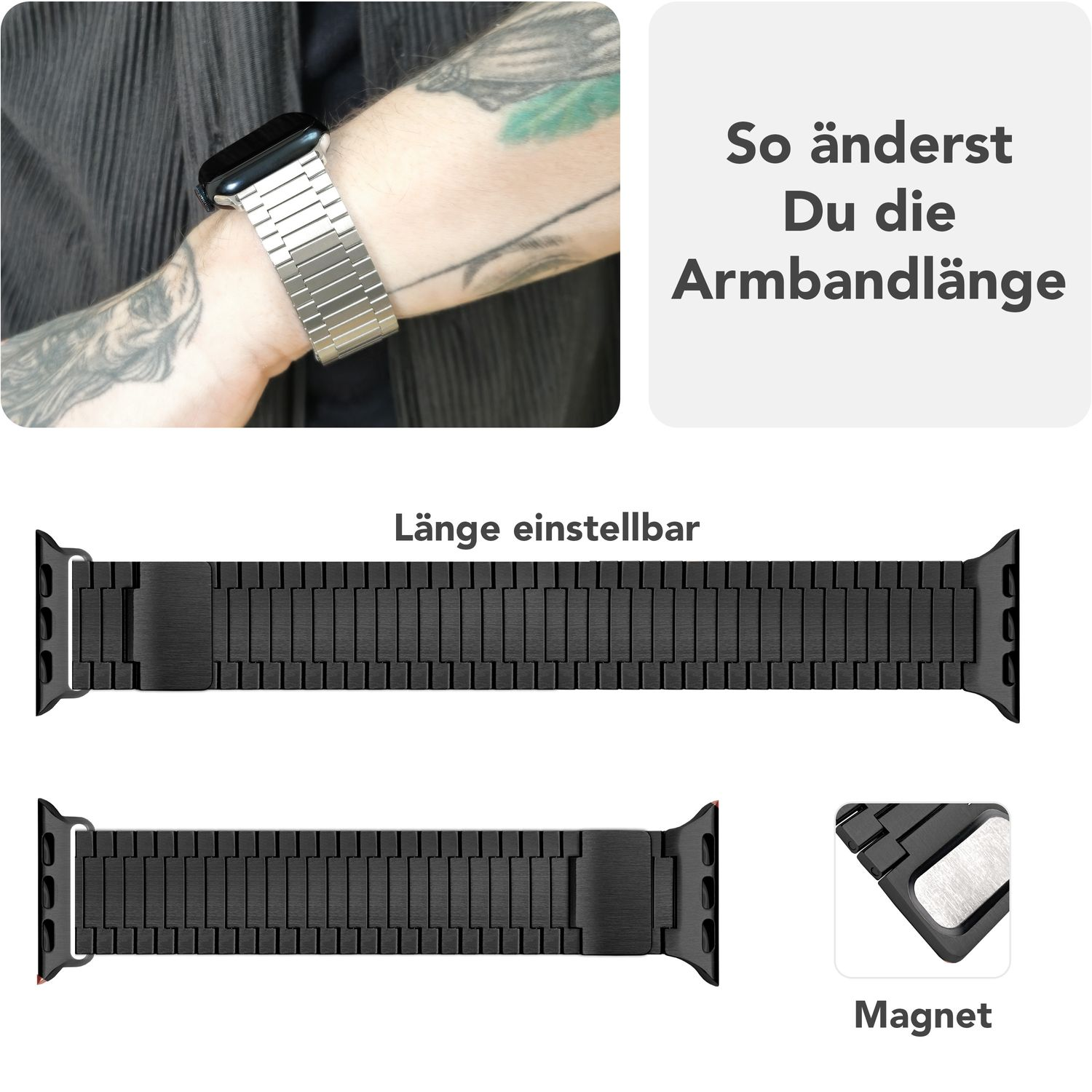 Uhrenarmbandteile, schwarz und silber, mit Text zur Verstellbarkeit.