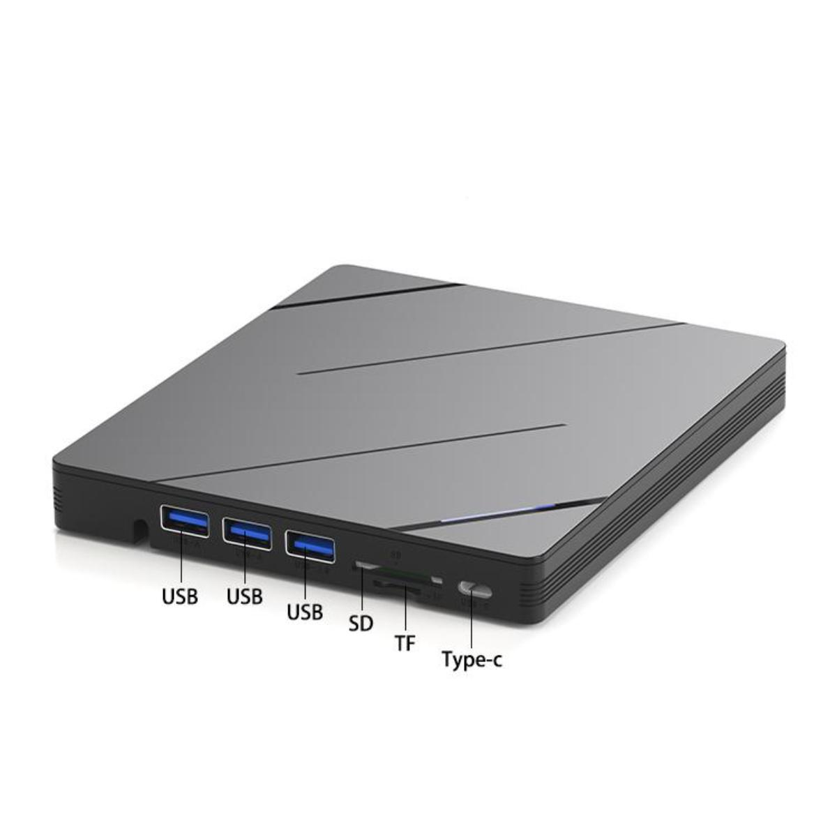 Ein graues quadratisches Gerät mit beschrifteten USB-, SD- und Typ-C-Anschlüssen. Das Gerät befindet sich auf einer weißen Oberfläche.