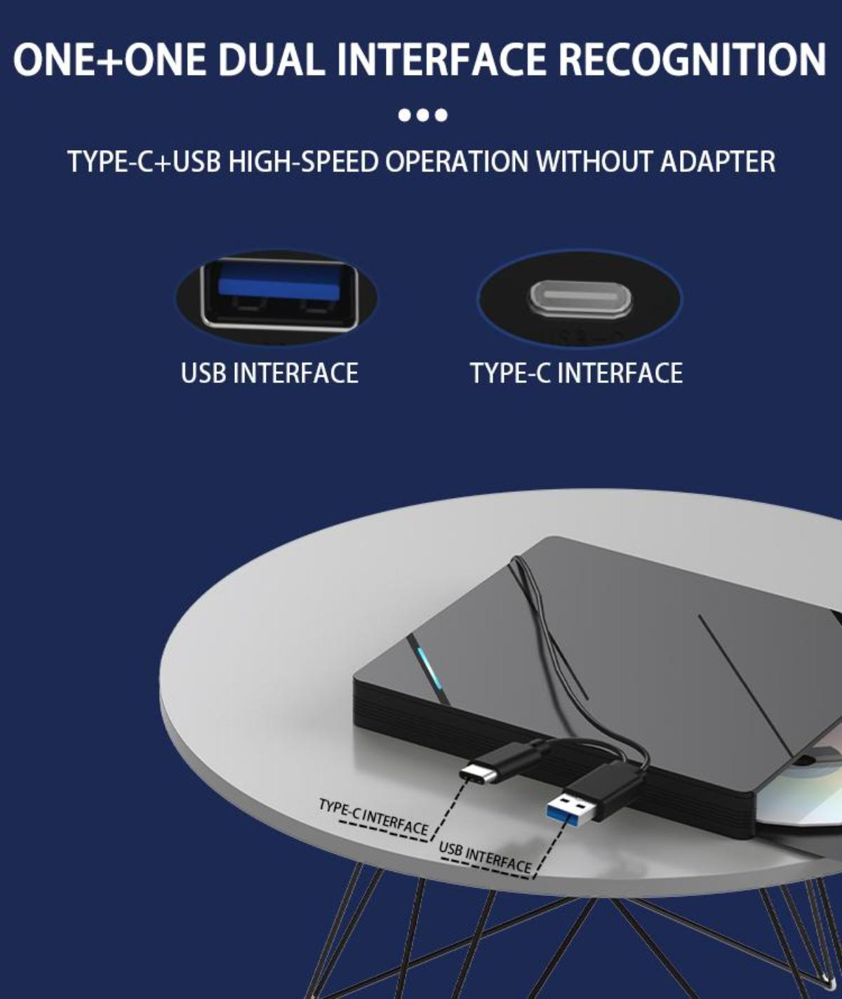Ein schwarzes Gerät mit USB- und Typ-C-Schnittstellen auf einem runden Tisch. Eine CD ist vorhanden.