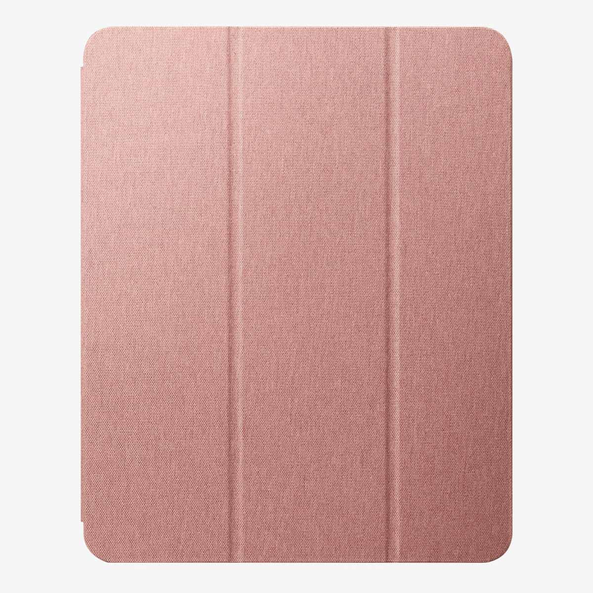 Closed pink tablet case. Surface is textured with a pattern.