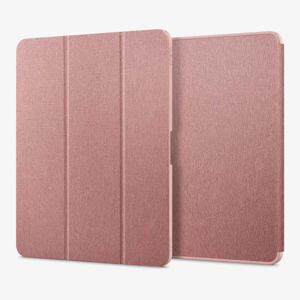 Two open pink iPad covers with a textured surface, one standing upright, other flat on a white background.