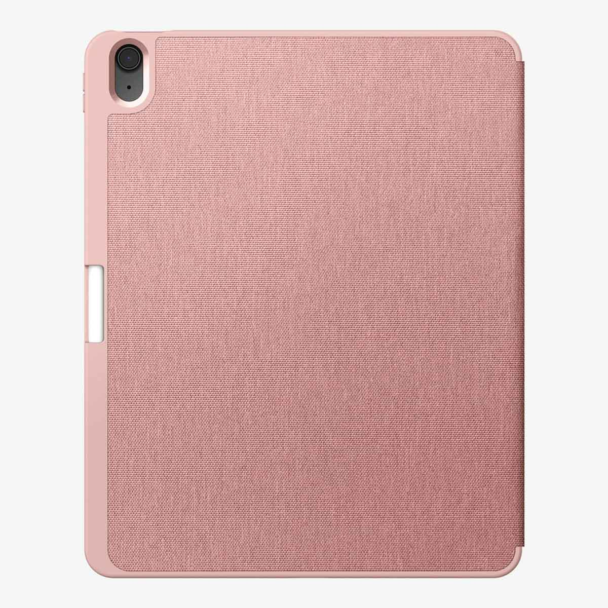 Closed pink tablet case. Back view. The case has a camera cutout.