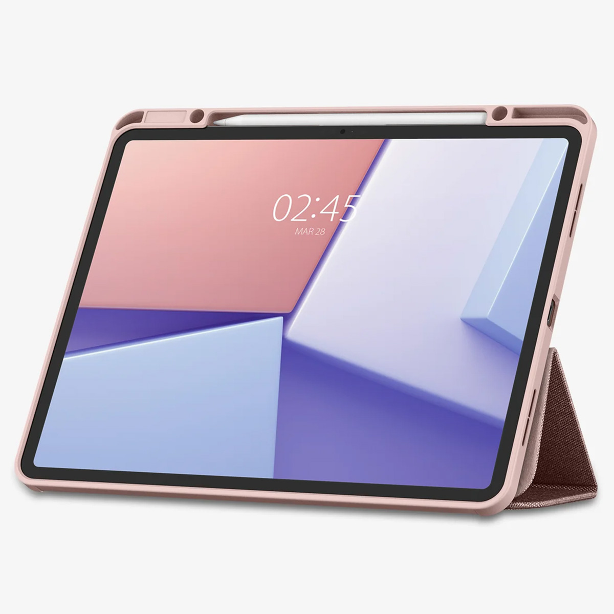 Pink tablet with case. The screen shows a clock. The case is open.