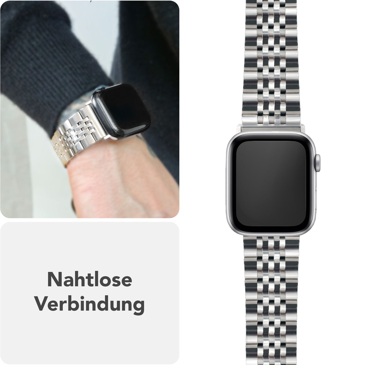 Handgelenk mit silbernem Uhrenarmband. Eine Uhr mit schwarzem Zifferblatt.
