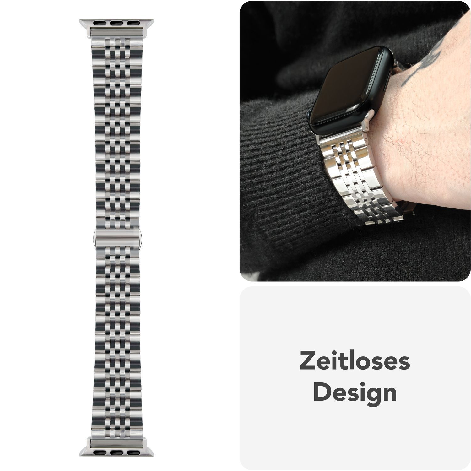 Silbernes Uhrenarmband auf weißer Oberfläche und am Handgelenk. Das Band hat ein Schachbrettmuster. Text: Zeitloses Design.