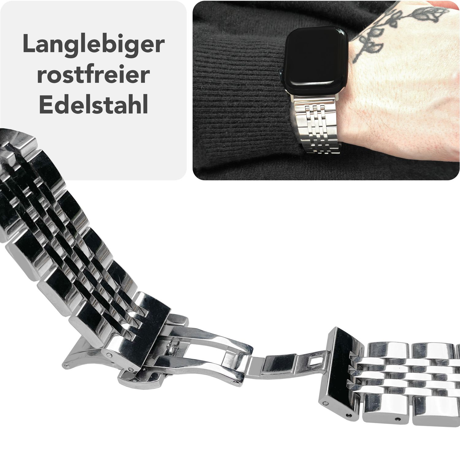 Silbernes Uhrenarmband, Nahaufnahme des Verschlusses und des Musters, sowie ein Handgelenk. Text: Edelstahl.