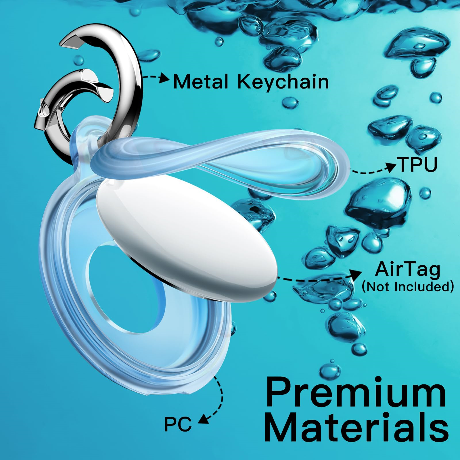 Weißes und silbernes Airtag mit Schlüsselanhänger. Blaues Wasser mit Blasen umgibt es. Text lautet "Premium Materials".