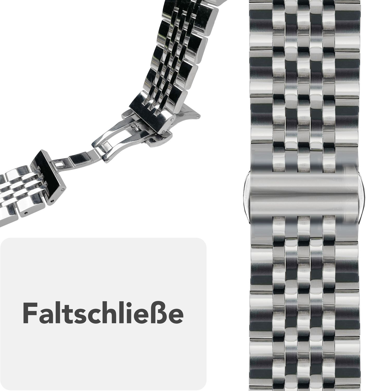 Silbernes Uhrenarmband mit Faltschließe. Das Design ist kariert.