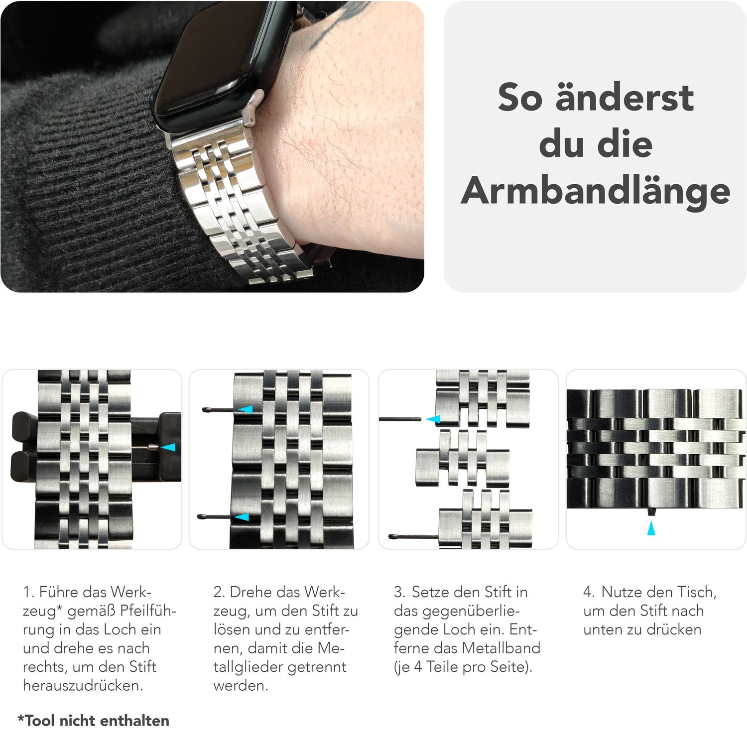 Anweisungen zum Einstellen eines silbernen Uhrenarmbands. Schritte umfassen Werkzeug, Entfernen von Gliedern, Wiedereinsetzen.