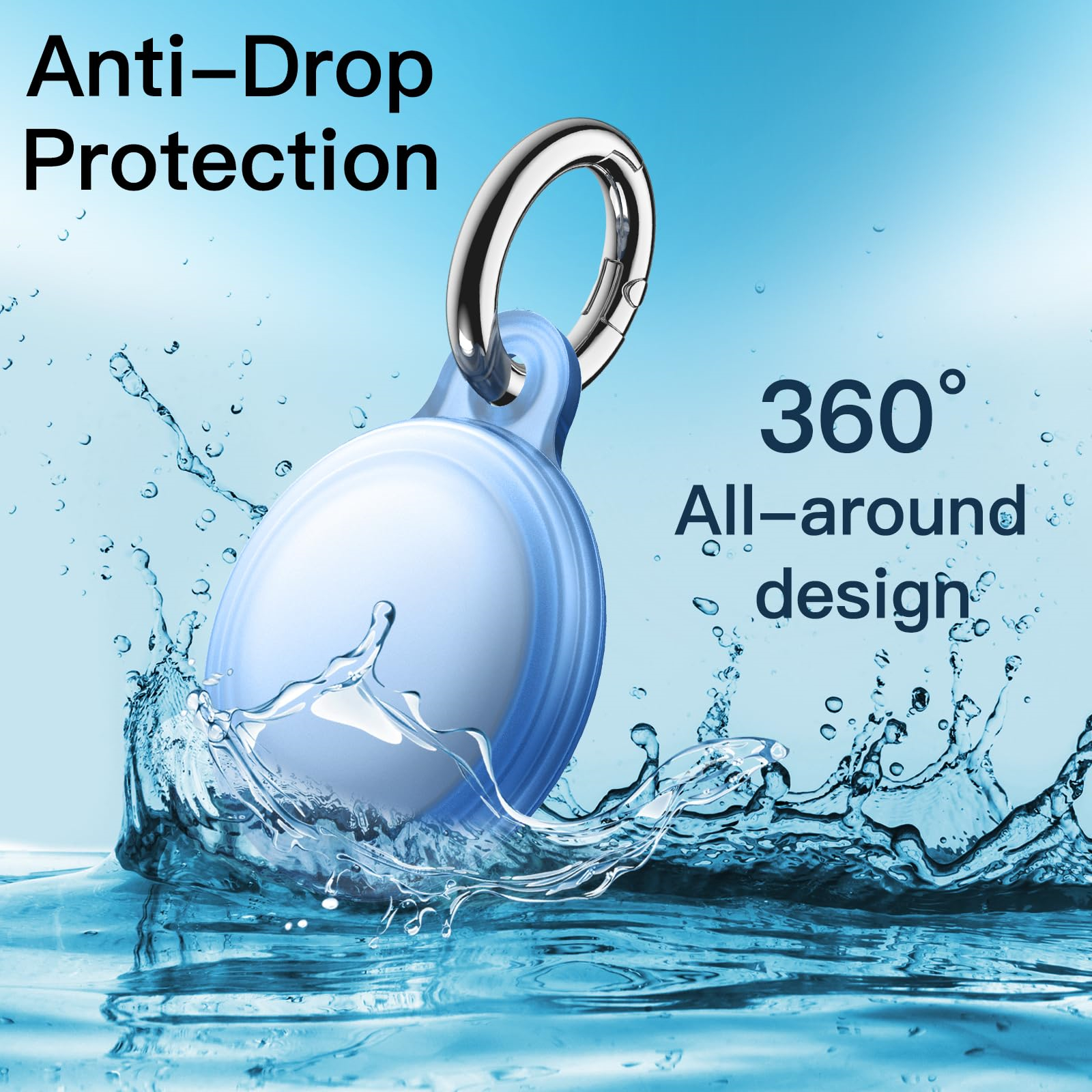 Blaue Schutzhülle mit silbernem Ring und Wasserspritzeffekt.
