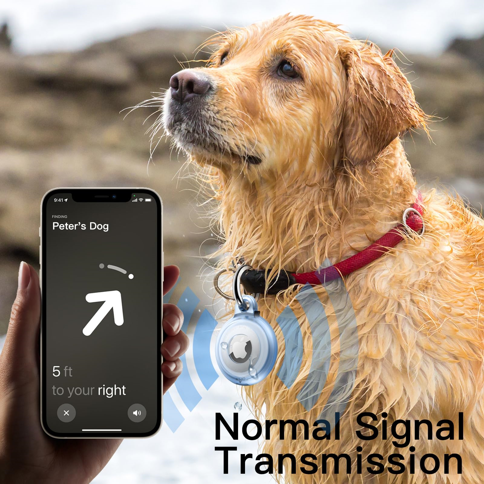 Golden Retriever mit Tracker am Halsband. Ein Telefon zeigt den Standort. Text: Normale Signalübertragung.