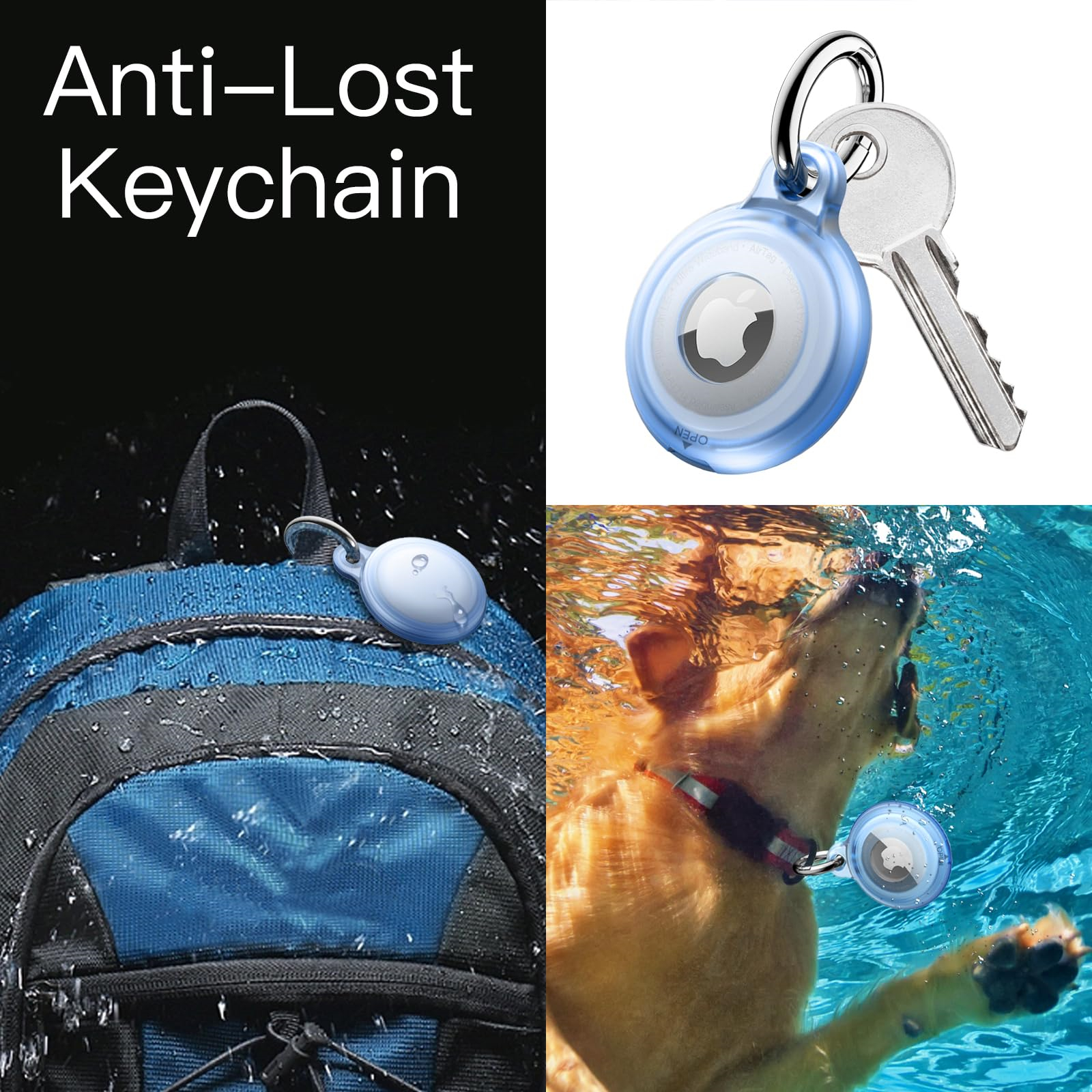 Anti-Verlust-Schlüsselanhänger-Set. Enthält einen blauen AirTag, Schlüssel, Hund mit AirTag und Rucksack.