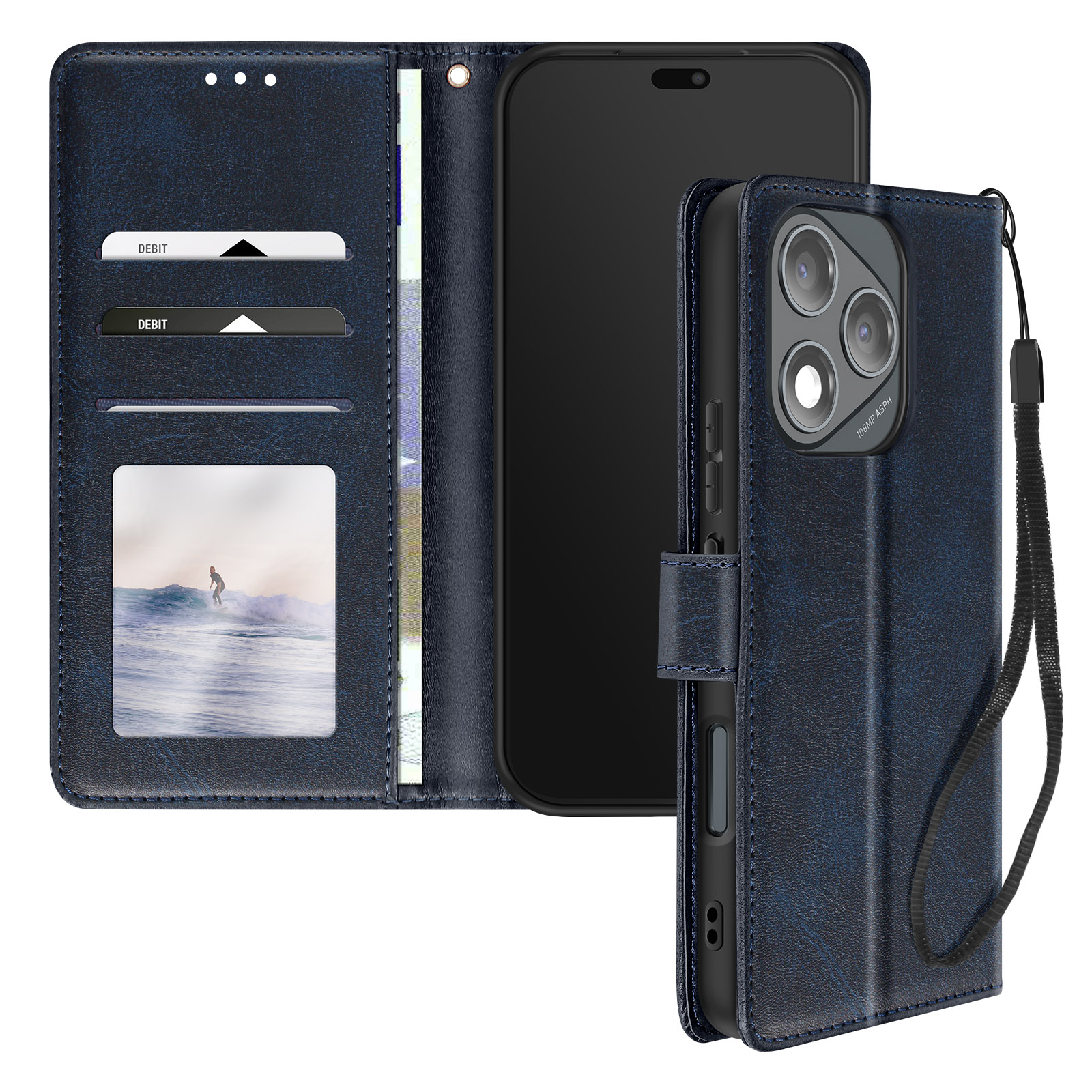 Custodia per telefono in pelle blu con scomparti per carte e design a portafoglio. Ha un telefono e una cinghia.