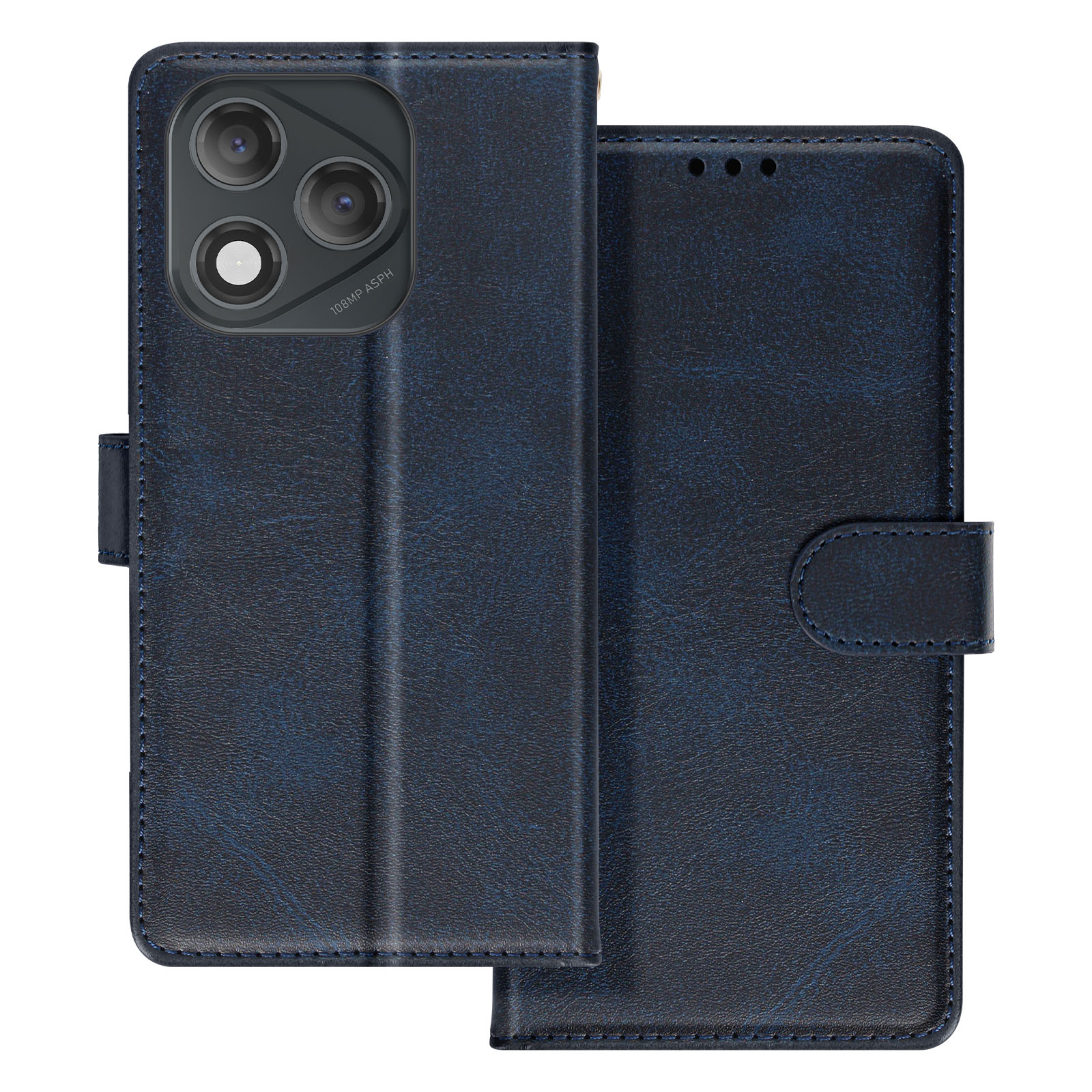 Custodia per telefono in pelle blu. Chiusa, con modulo fotocamera visibile. Ha scomparti per carte all'interno.