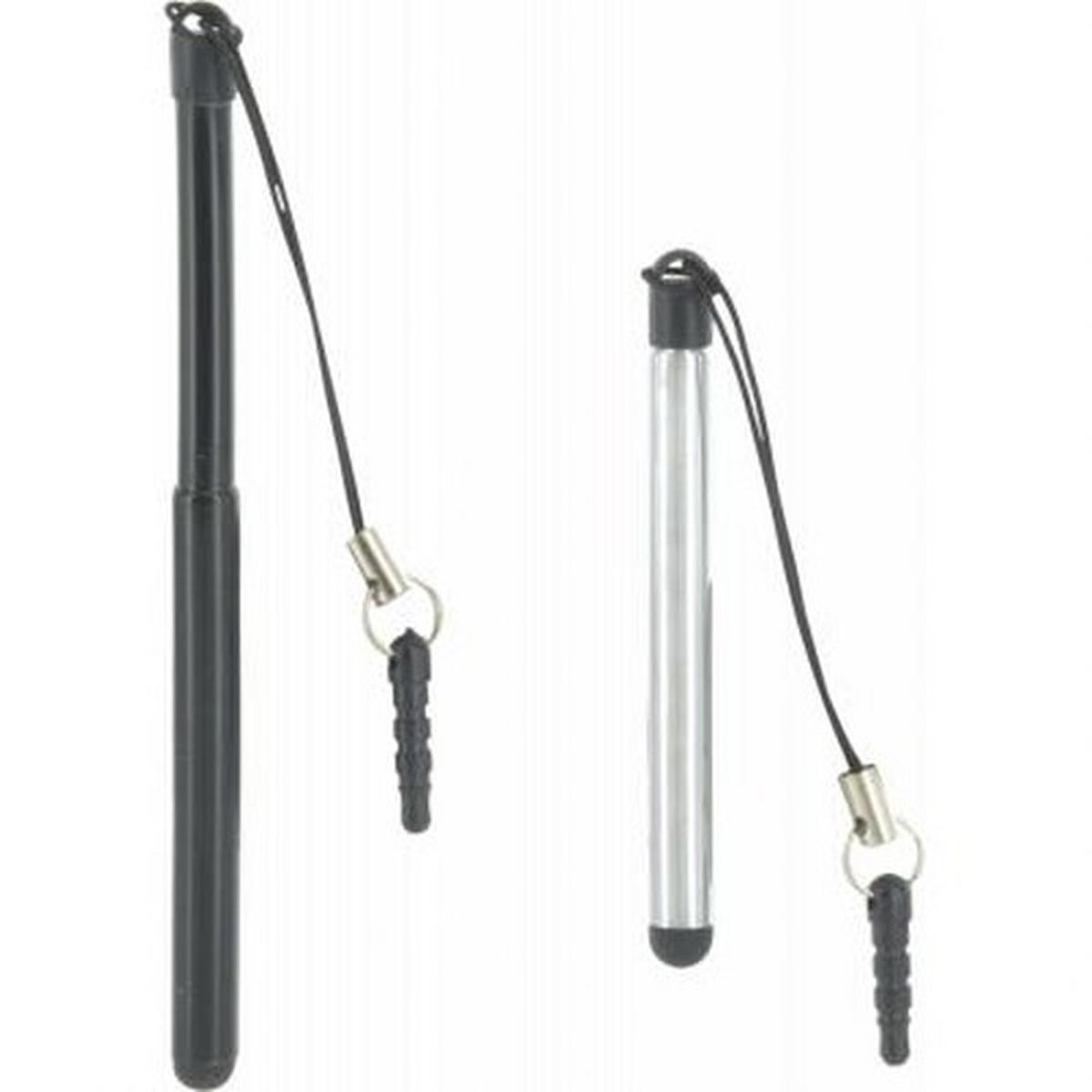 Dos lápices táctiles negros y plateados con cordones, ideales para pantallas táctiles.