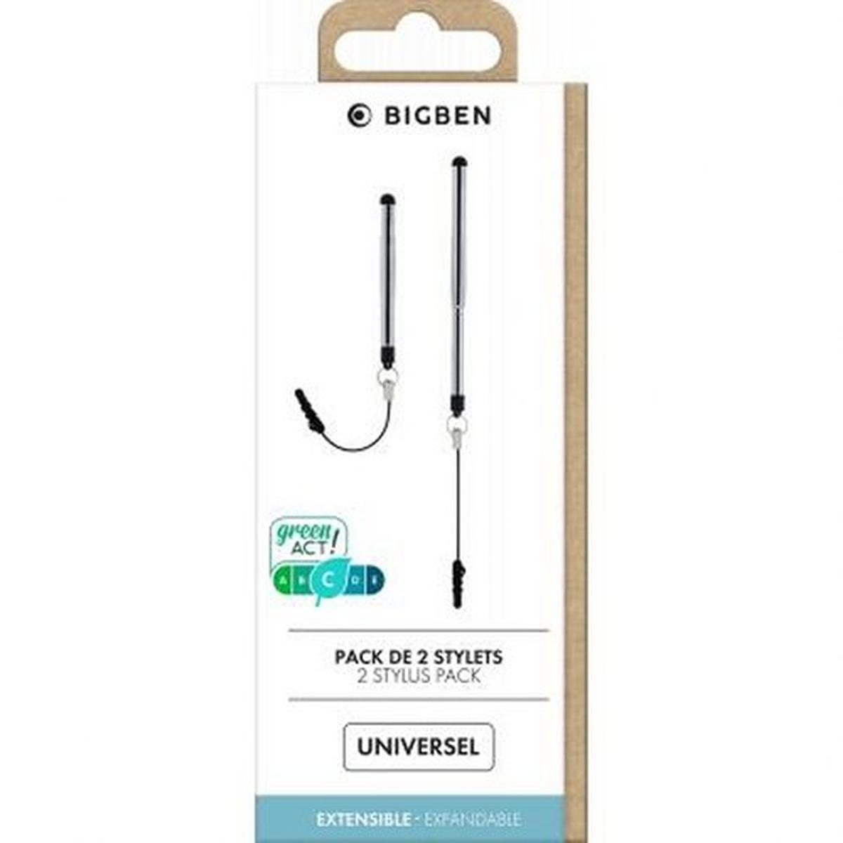 Un paquete de dos lápices ópticos expandibles. El embalaje es blanco con acentos verdes y un logotipo.