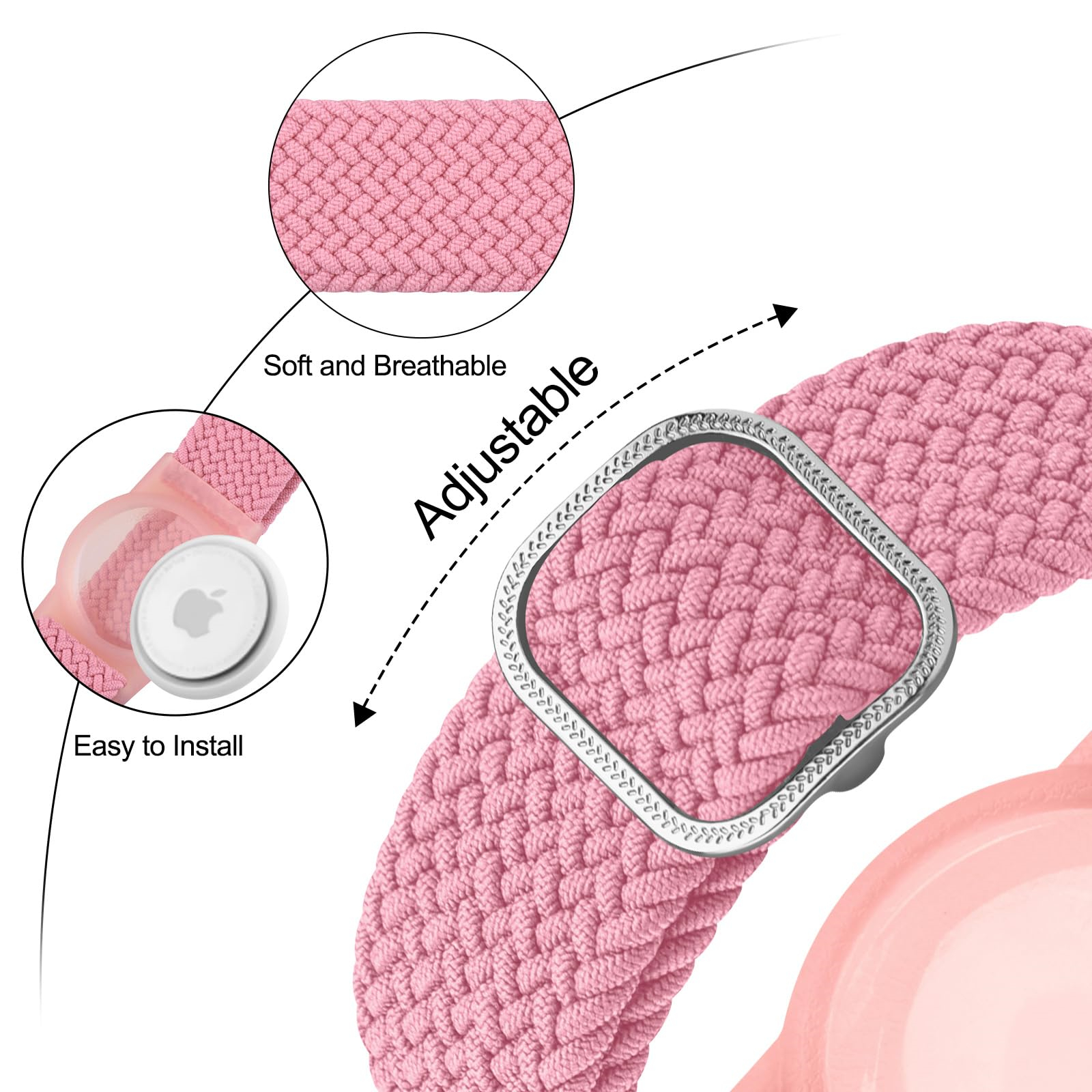 Rosa geflochtenes Uhrenarmband mit AirTag-Halter. Das Band ist verstellbar und einfach zu installieren.