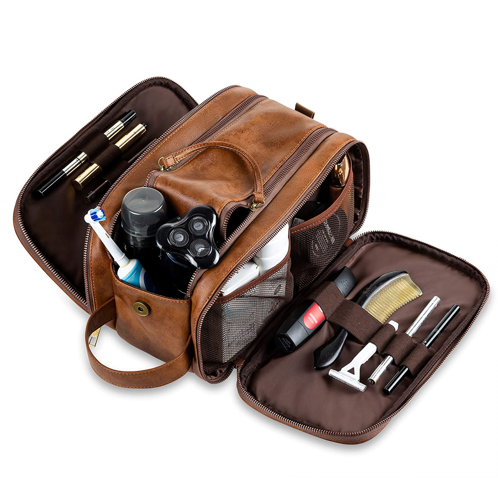 Geöffnete braune Leder-Kulturtasche mit Pflegeprodukten. Gut organisiert.