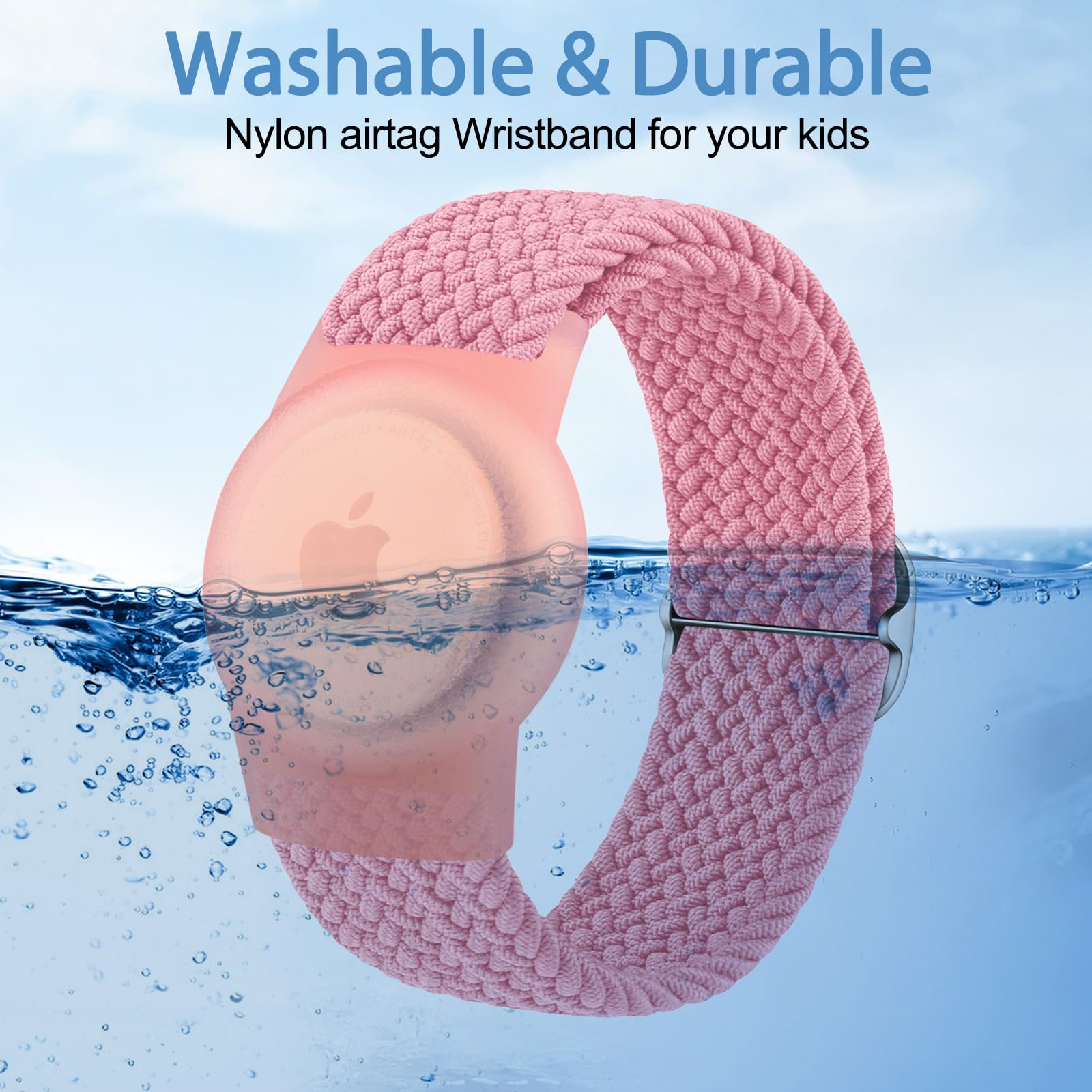 Rosa Nylon AirTag Band im Wasser. Zeigt den AirTag im Inneren und Blasen darum herum.