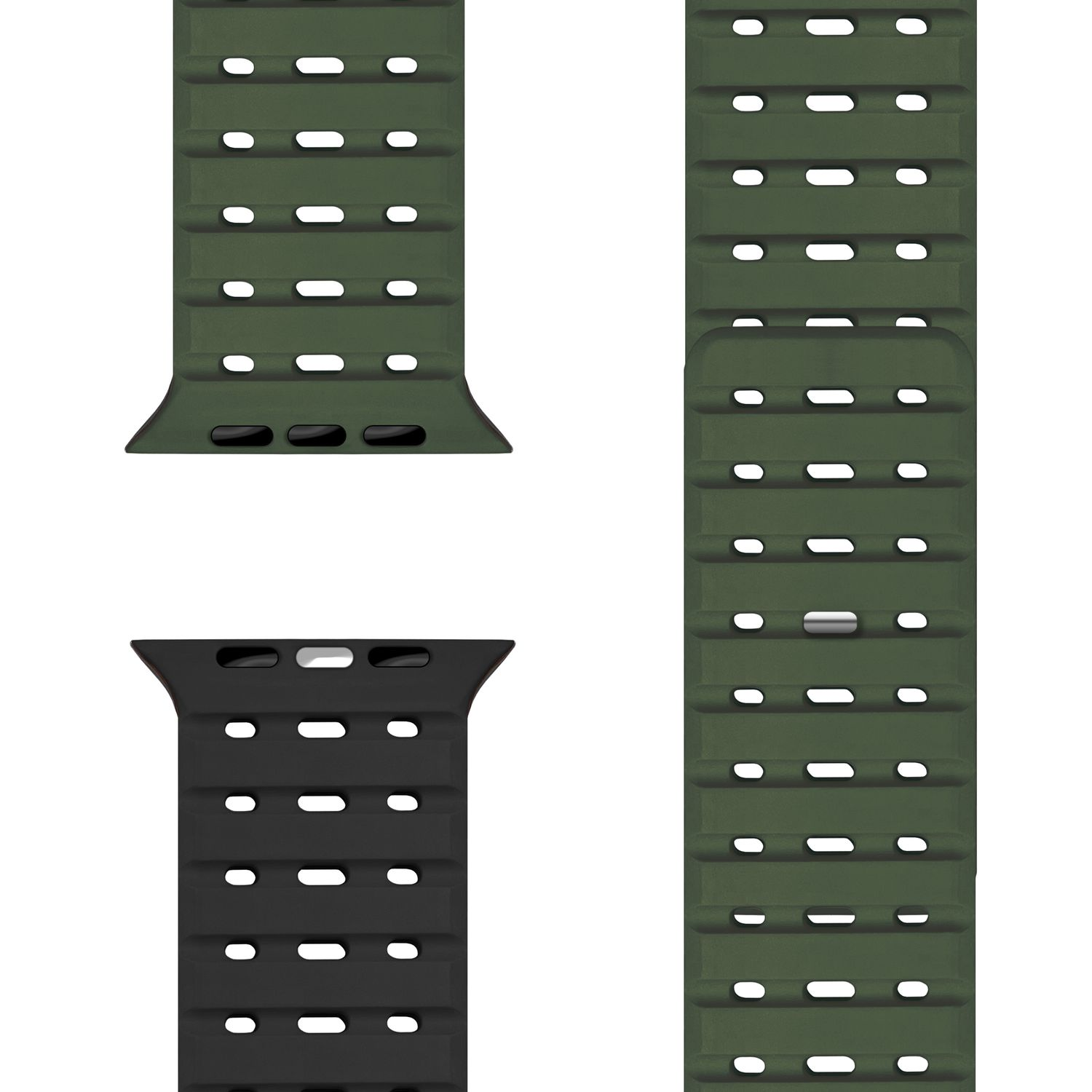 Drei Uhrenarmbänder. Zwei grün, eins schwarz. Alle haben ein geschlitztes Design und sind für eine Uhr.