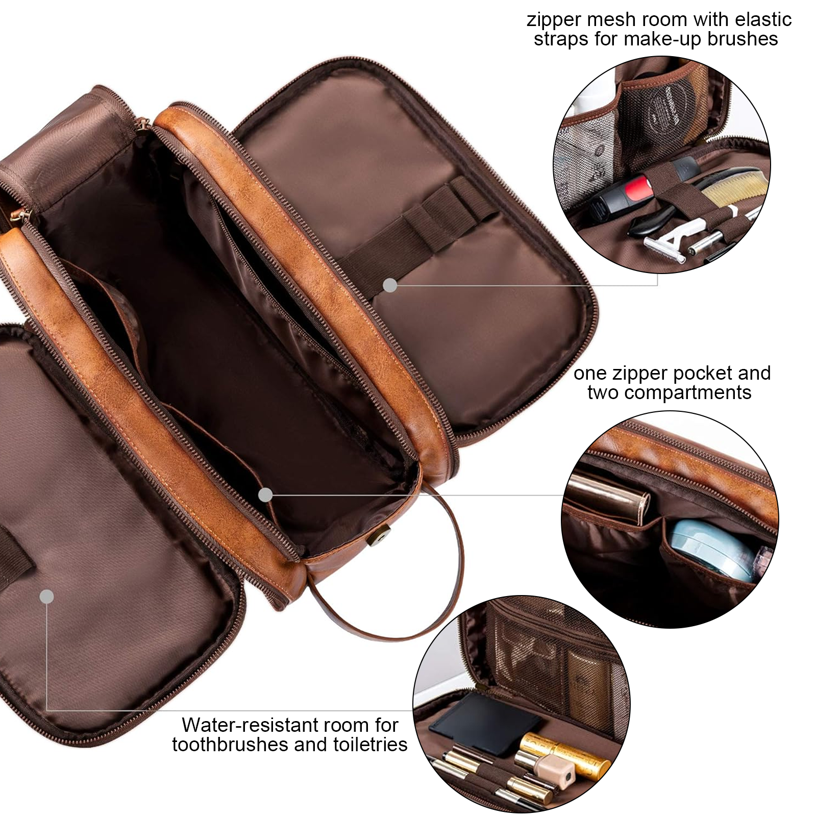 Eine braune Leder-Kulturtasche ist geöffnet, mit mehreren Fächern für Pflegeartikel.