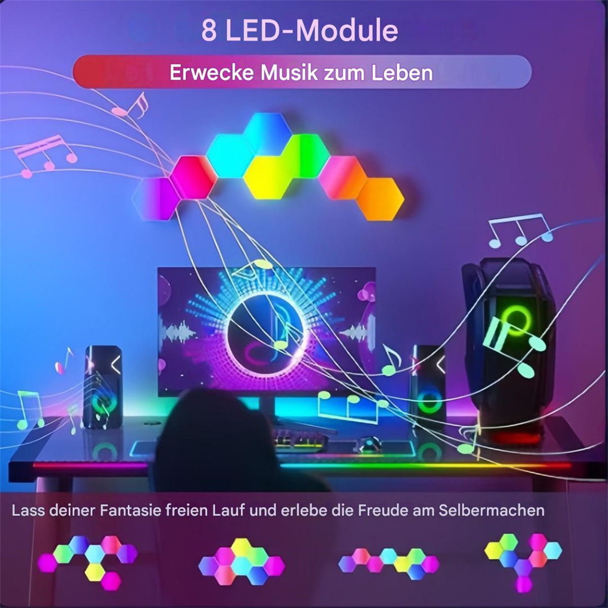 LED-Lichtpaneele in einem Raum. Es gibt einen Computer, Lautsprecher und Noten auf dem Bildschirm.