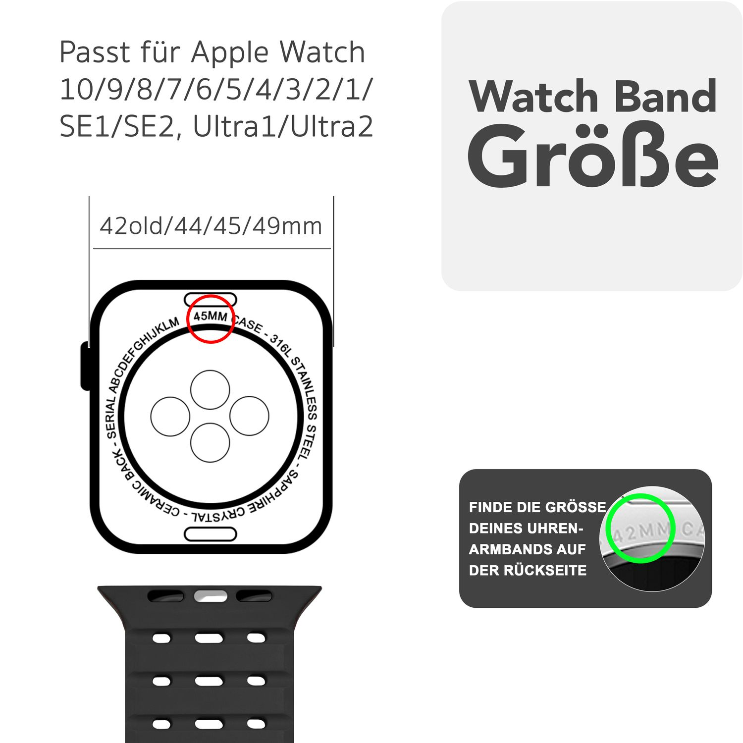 Diagramm, das ein Zifferblatt und ein Uhrenarmband mit Größenmarkierungen zeigt. Text: Uhrenarmbandgröße.