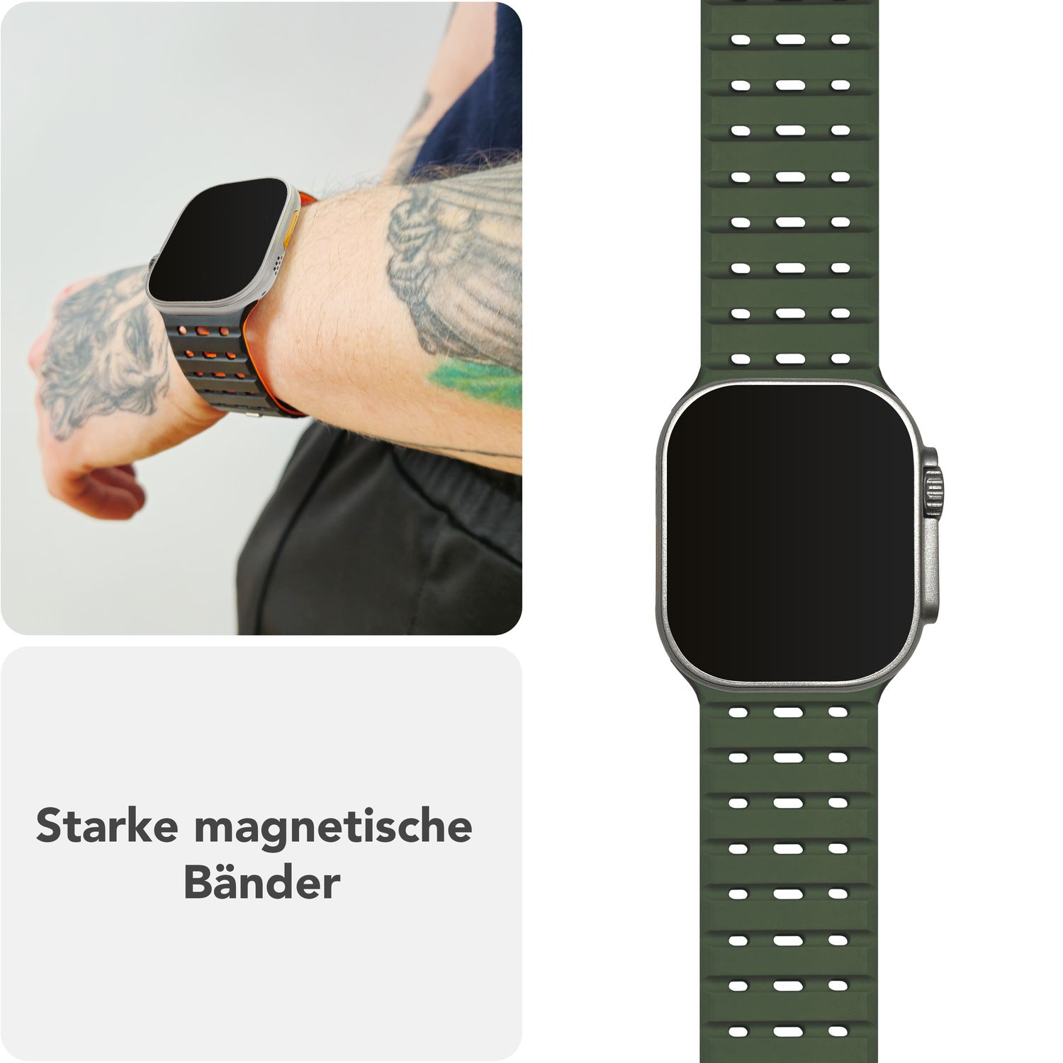 Nahaufnahme einer Smartwatch und eines Handgelenks. Die Uhr hat einen schwarzen Bildschirm und ein grünes Armband.