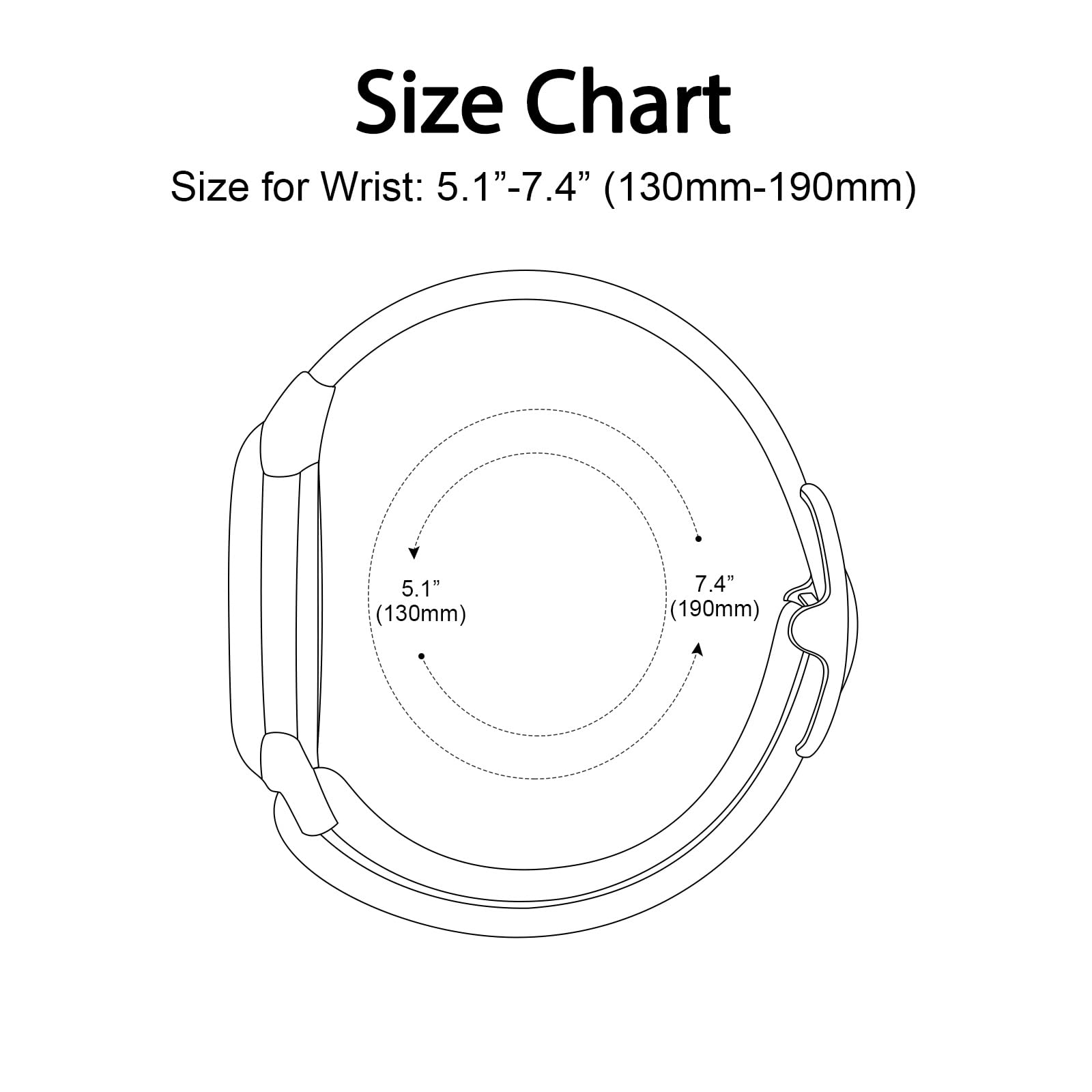 Das Bild zeigt eine Größentabelle für ein Handgelenk mit Messungen in Zoll und Millimetern für Armbänder.