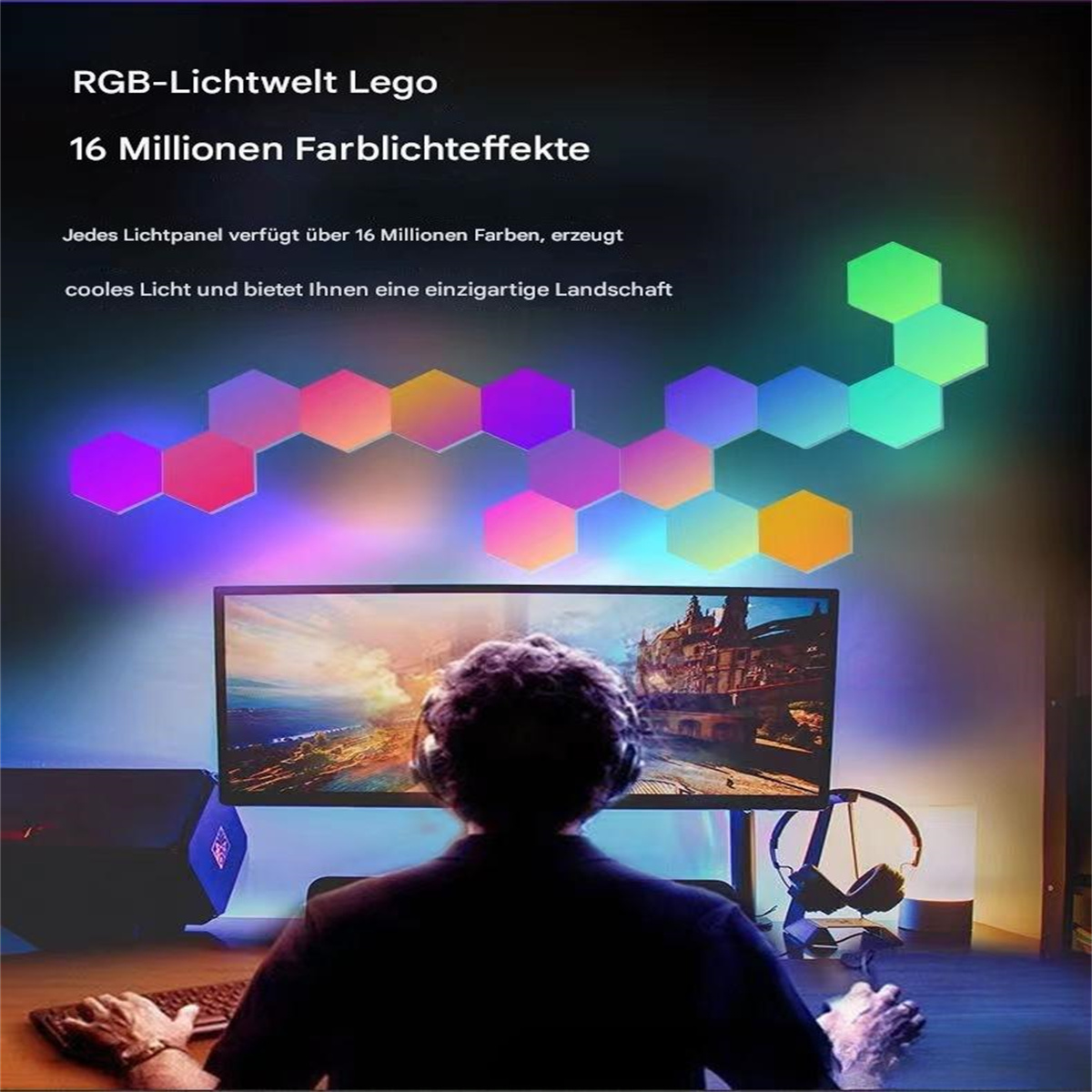 Person sitzt vor einem Monitor mit Kopfhörern. Bunte sechseckige Lichter an der Wand.