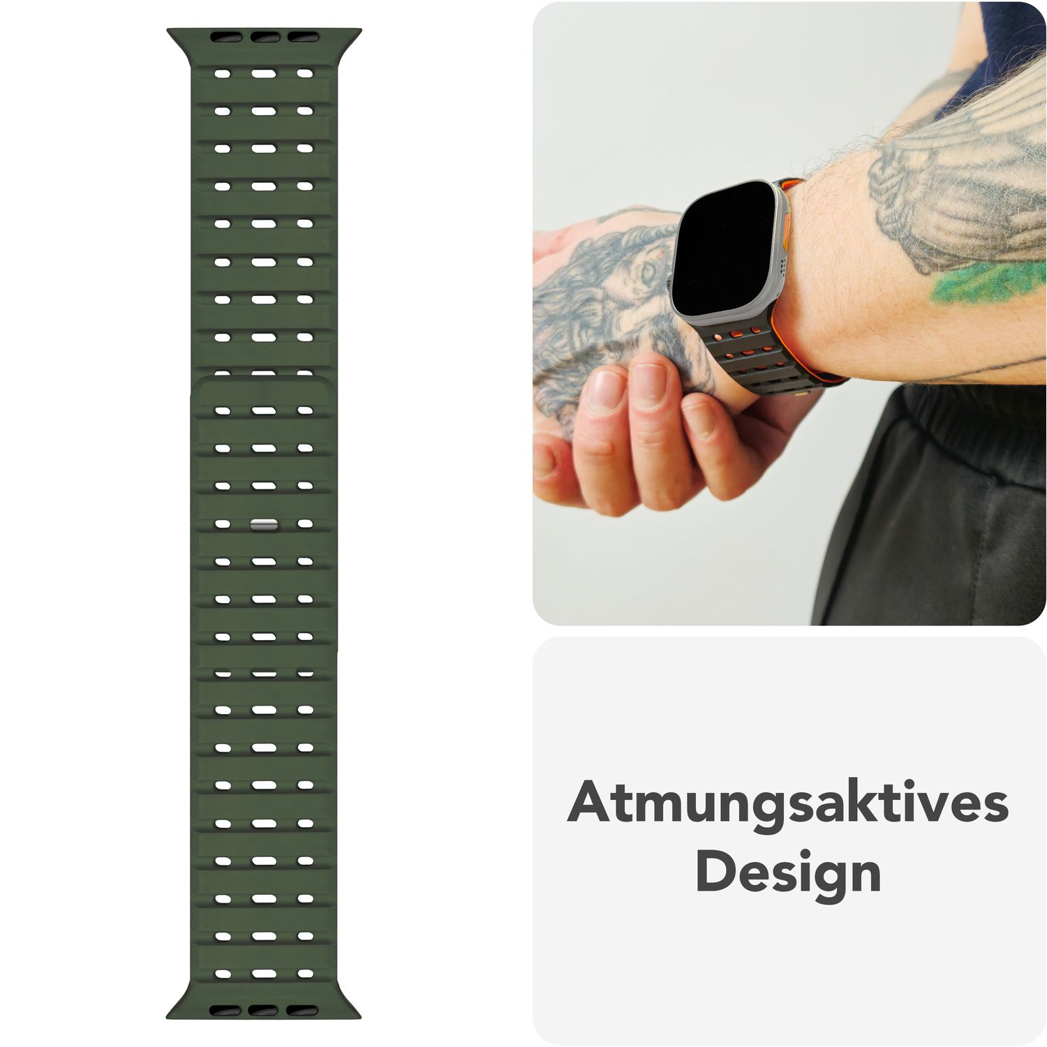 Smartwatch-Armband. Grün, perforiertes Design. Hand eines Mannes mit Tattoo, der die Uhr trägt.