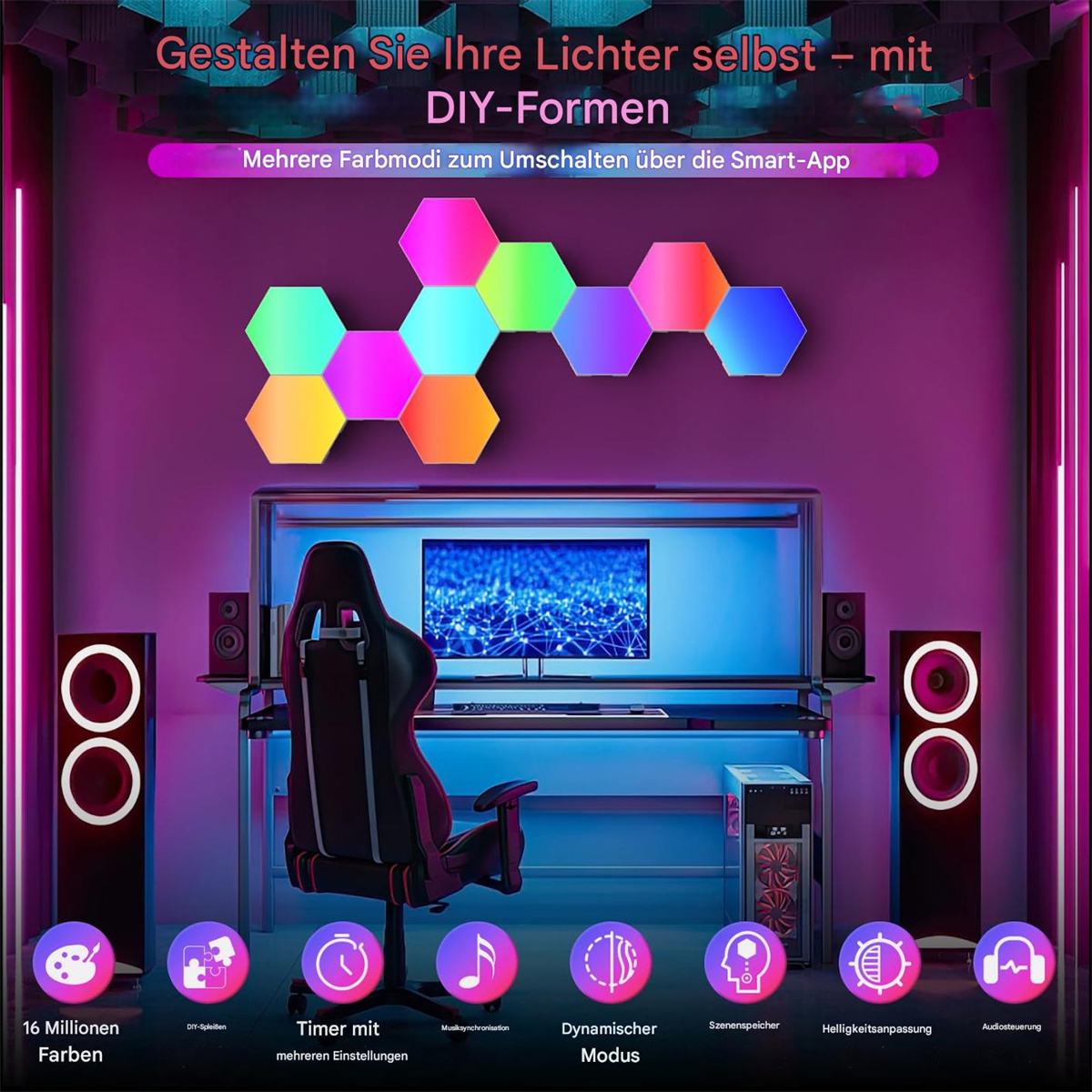 Gaming-Setup mit Monitor, Lichtern und Gaming-Stuhl. Sechseckige Lichter an der Wand.