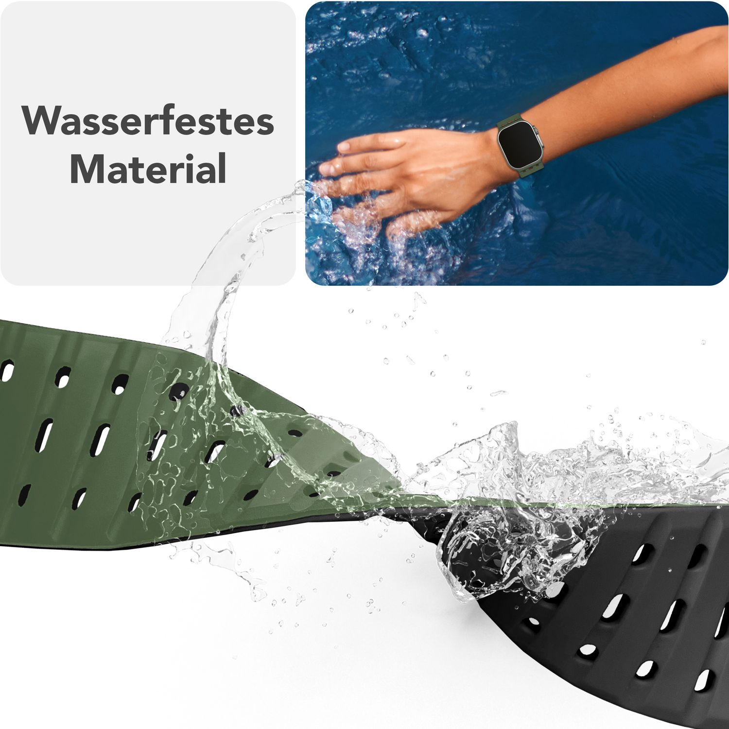 Grünes Uhrenarmband mit Wasserspritzern. Schwarzes Band darunter. Wasserfestes Material.