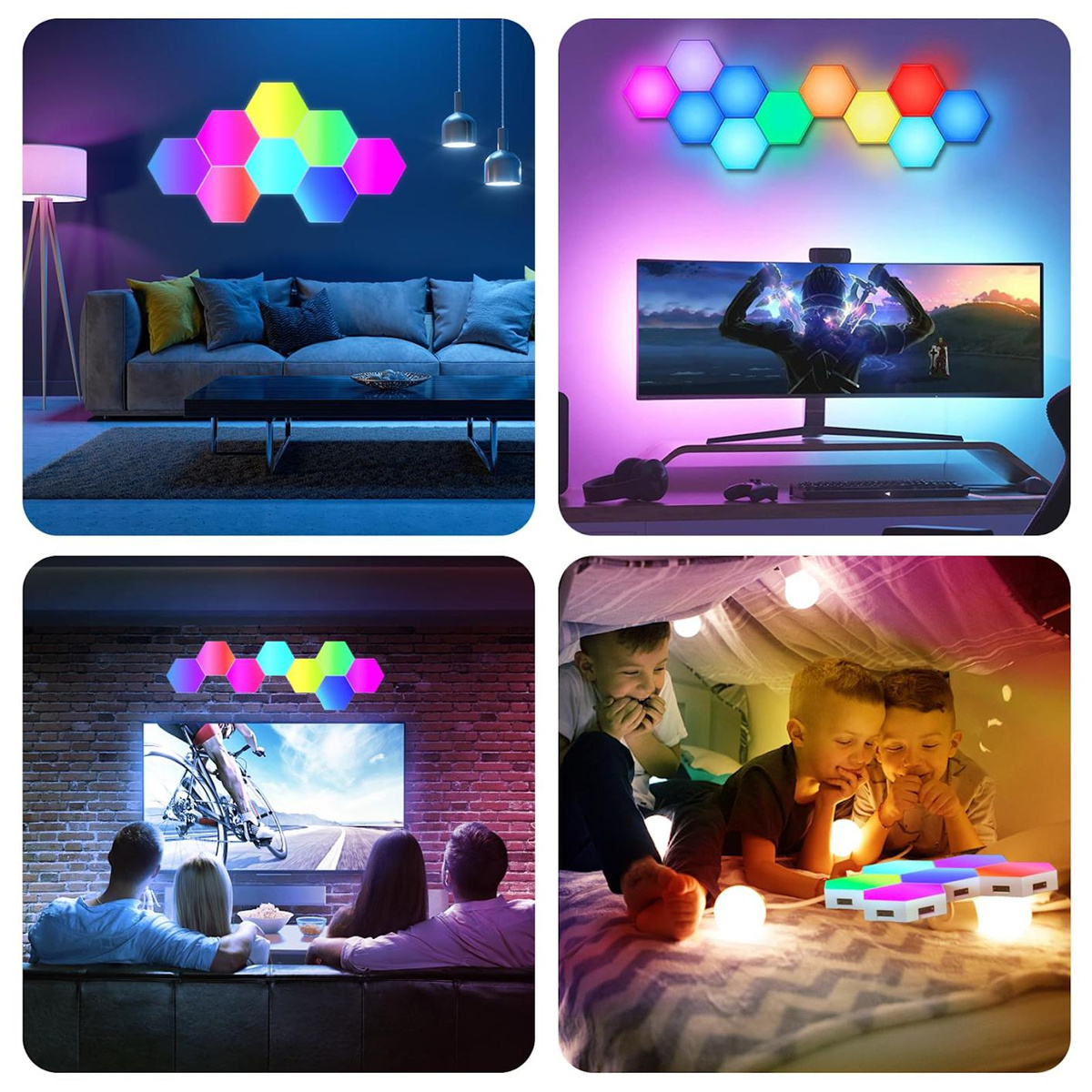 Vier Bilder zeigen verschiedene Umgebungen mit Sechsecklichtern: Wohnzimmer, Gaming-Setup, TV-Betrachtung und Kinderzimmer.