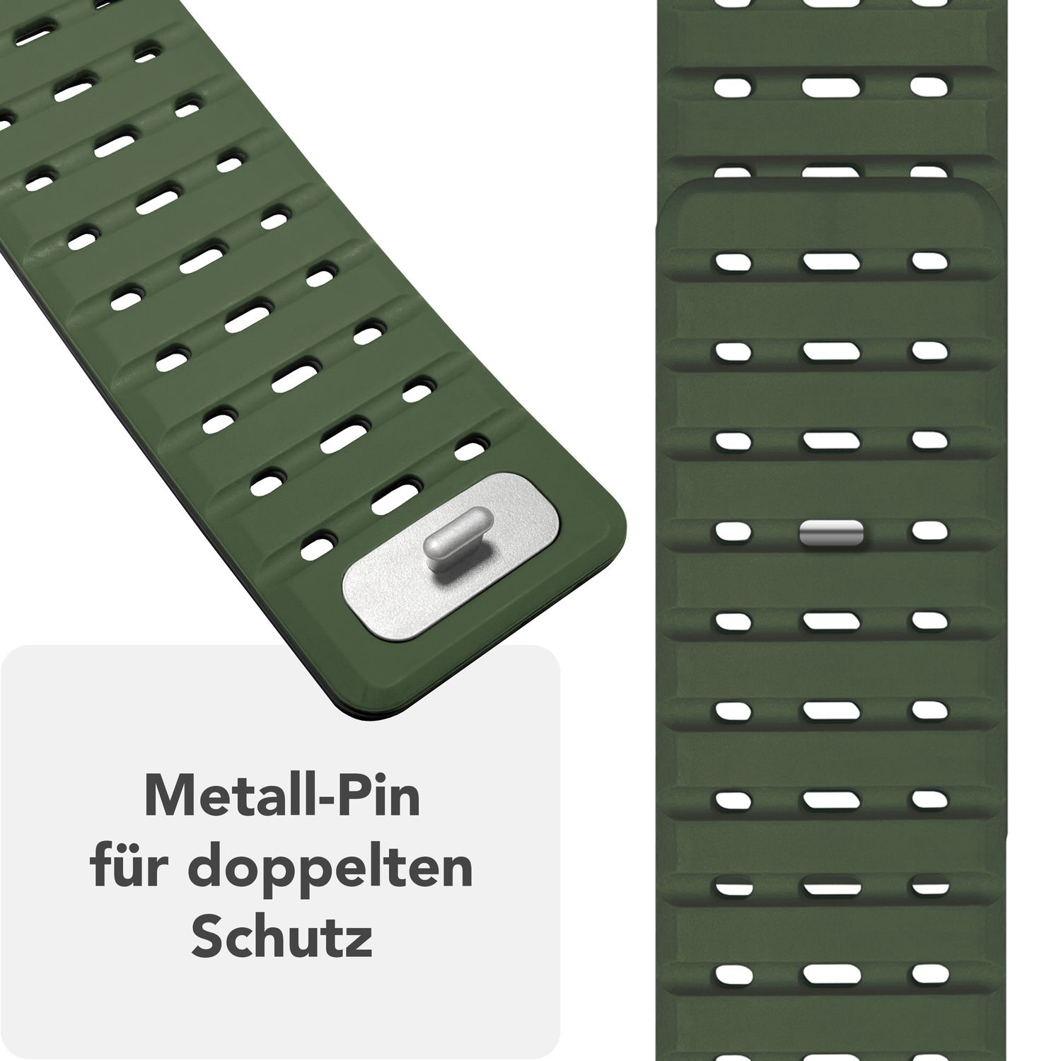Grünes Uhrenarmband mit Metallstift, Nahaufnahme, mit deutschem Text: Metall-Pin für doppelten Schutz.