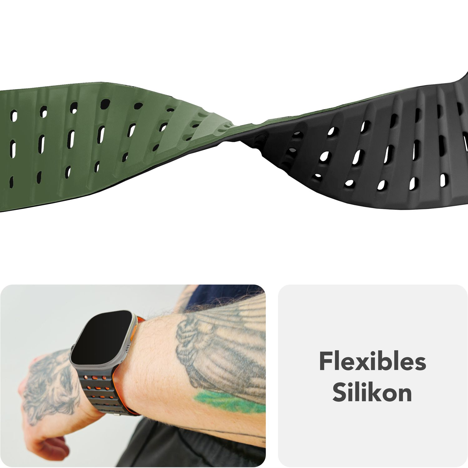 Ein Armband, grün und schwarz, mit einem Tattoo einer Hand. Text: Flexibles Silikon.