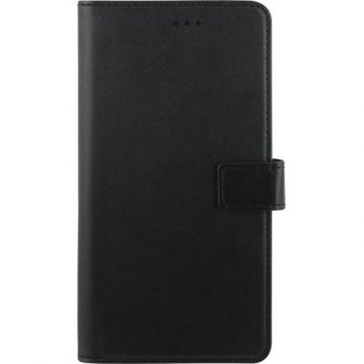 Custodia per telefono in pelle nera. Ha una chiusura magnetica e cuciture.