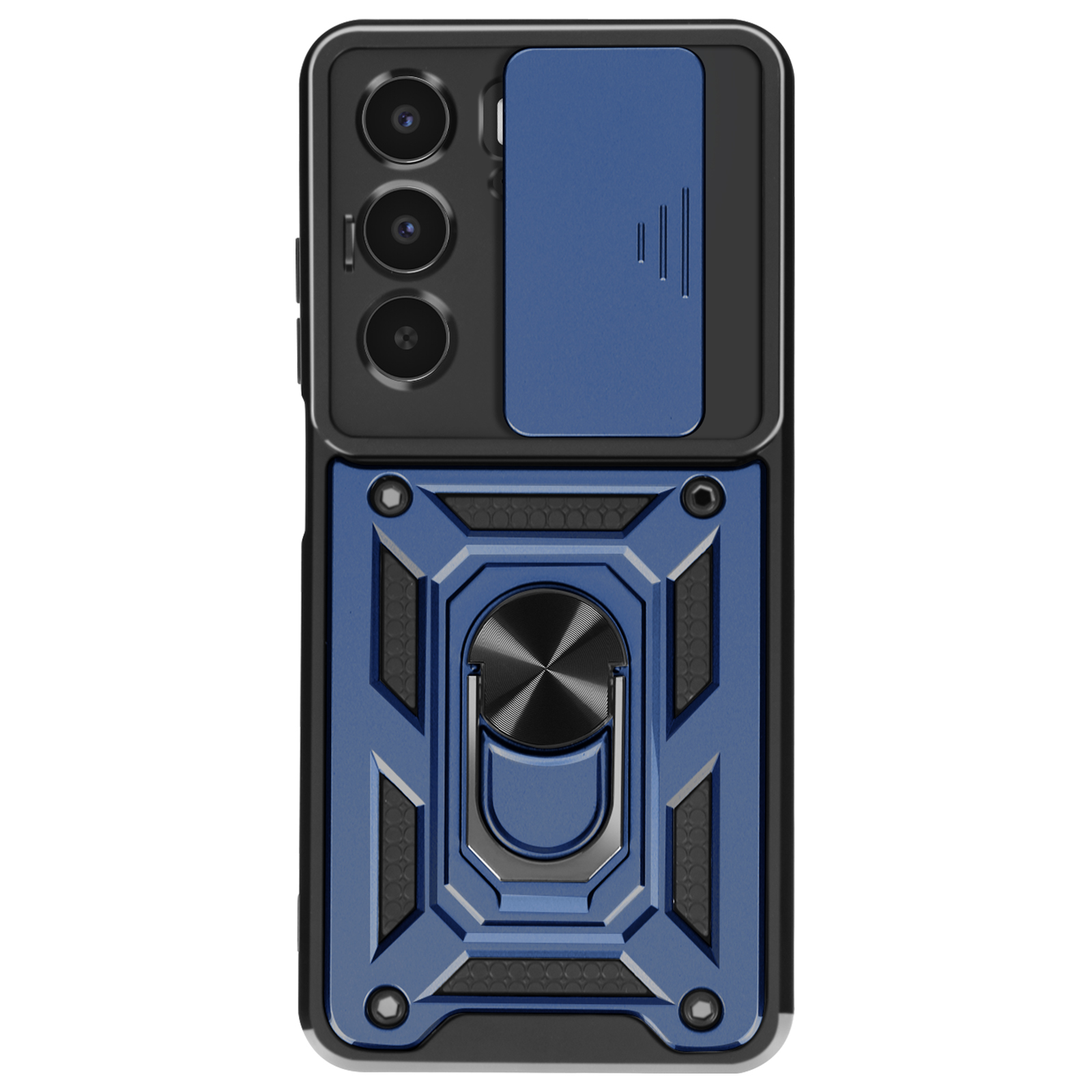 Primo piano di una custodia per telefono blu e nera con copertura per fotocamera e supporto ad anello.